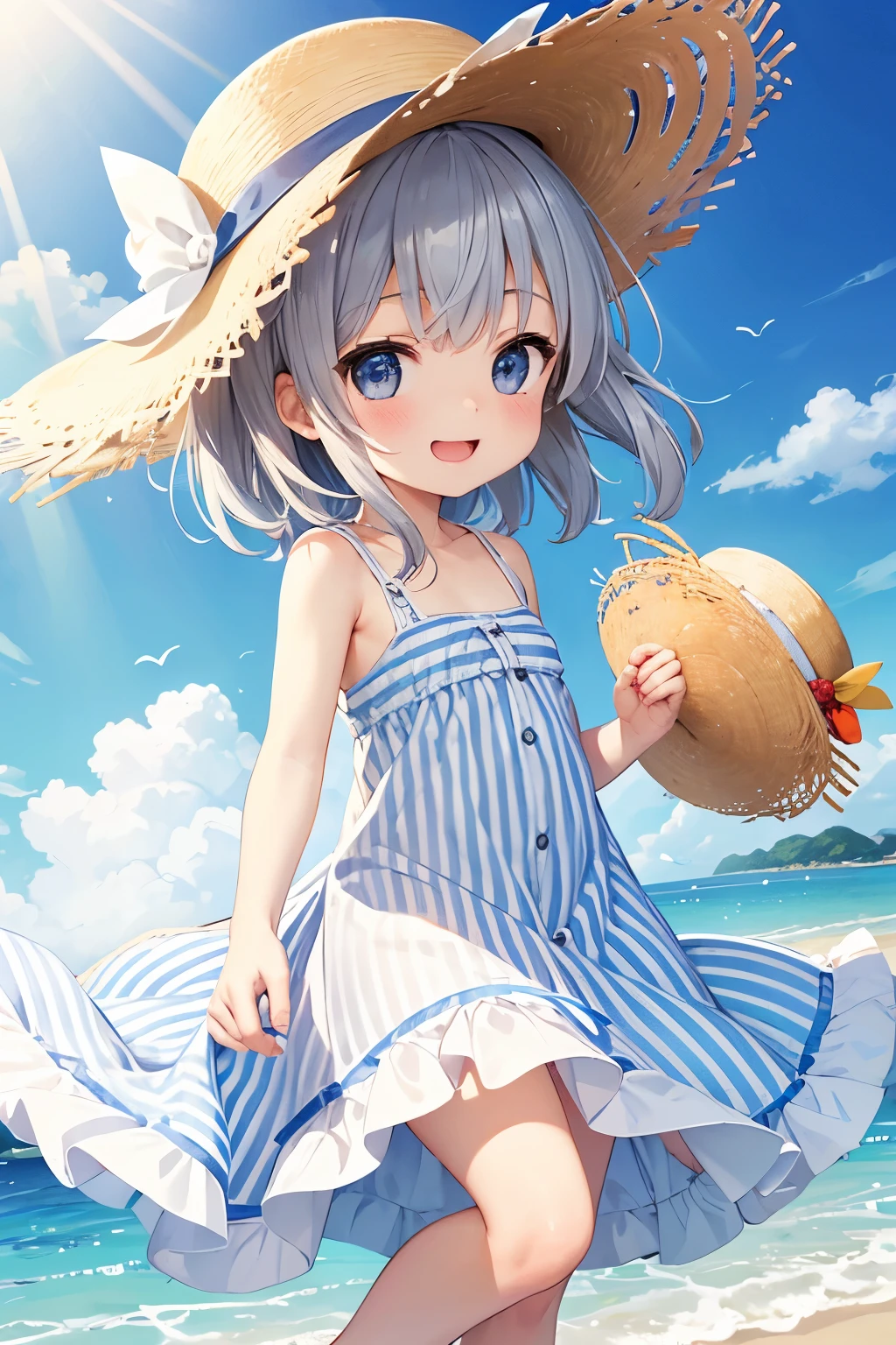 、Baby Face、Very short、Young、child、Gray Hair、semi-long、Slender body、White and light blue striped dress、Straw hat、smile、beach