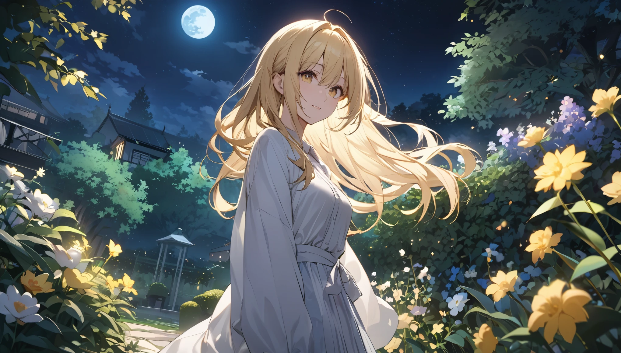Highest quality,Blonde woman,garden,night,月とnight空