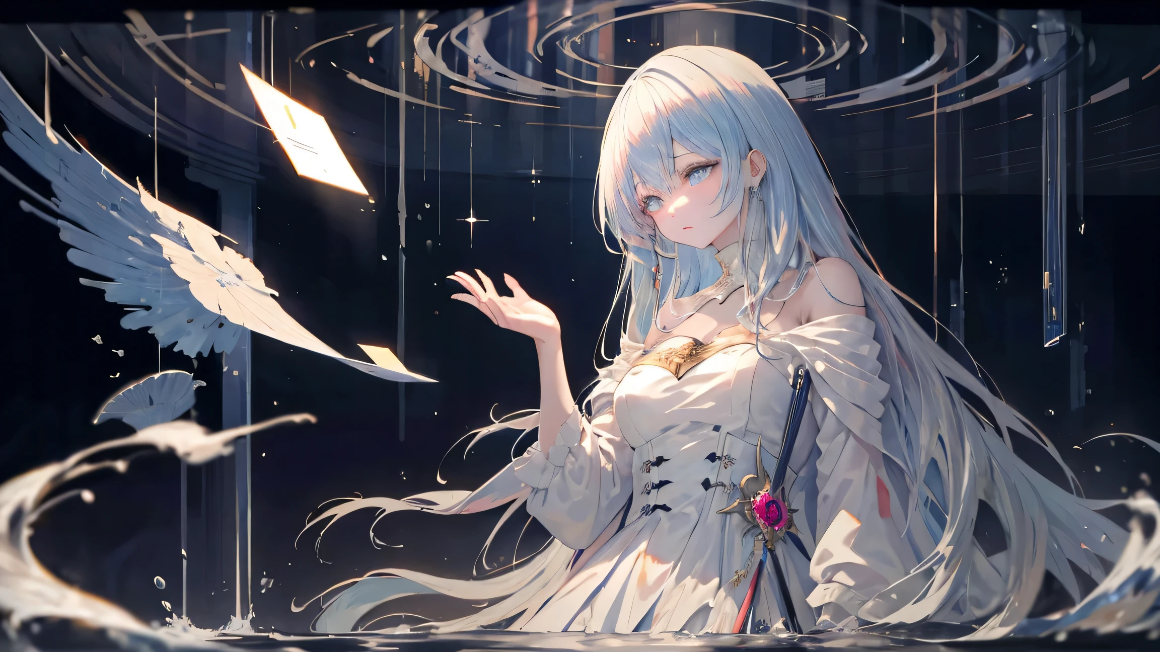 there is a woman in a white dress holding a Music Box, artwork in the style of guweiz, guweiz on pixiv artstation, guweiz on artstation pixiv, guweiz, fantasy art style, guweiz masterpiece, beautiful and elegant queen, beautiful character painting, detailed digital anime art, blonde - haired princess, White hair, sky blue eyes, pink lips