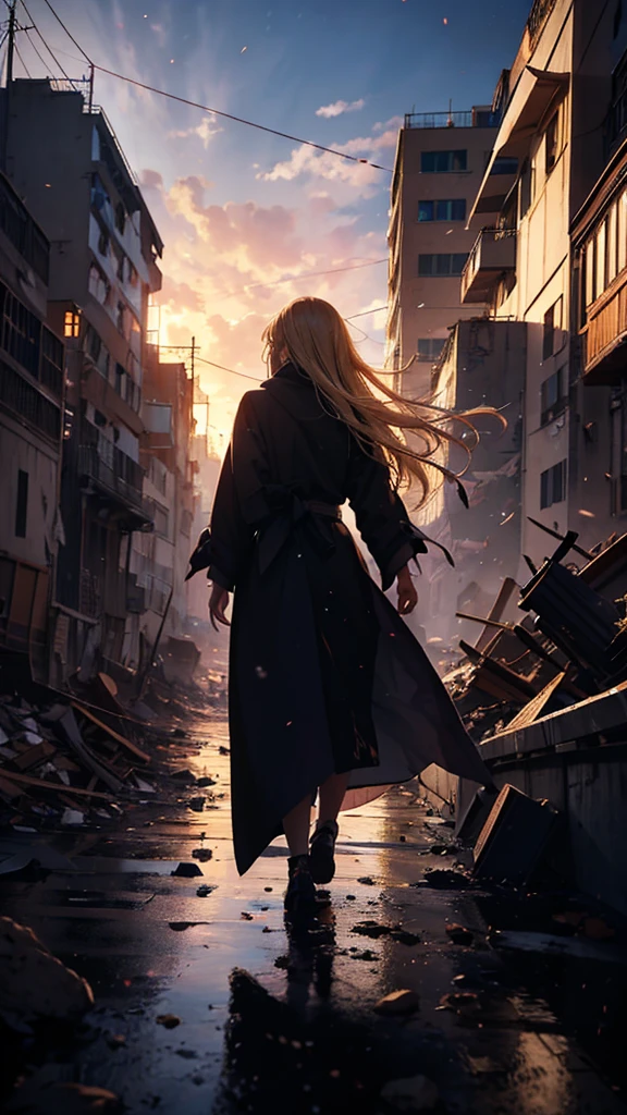 1people々々々々々々々々々,Blonde long-haired woman,Long coat, Dress Silhouette, Rear View, Anime Style, Gazing down from the rooftop at the city buried under rubble.,Collapsed building,Seeing missiles cover the sky,