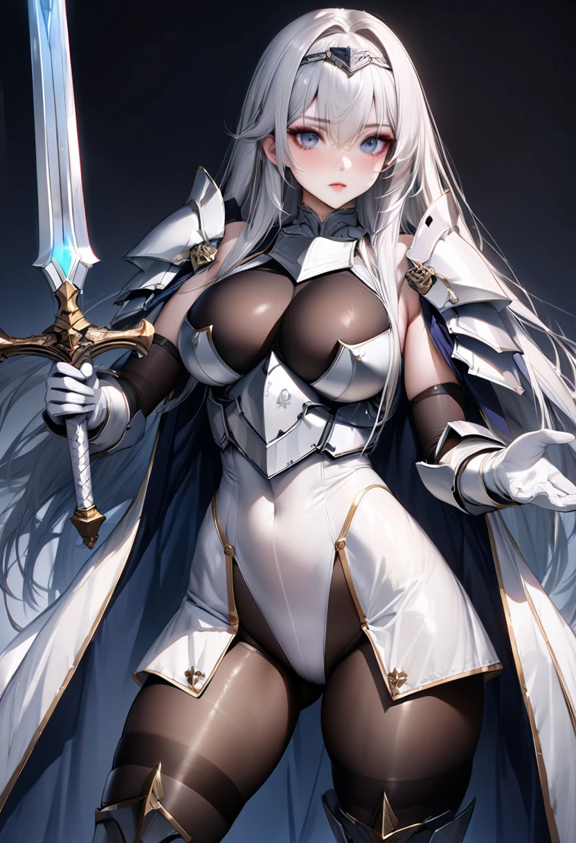 ((highest quality)), ((masterpiece)), ((hyperrealistic)), (solo), 1girl, 18 years old, ((curvy)), ((Tight and digging into the skin: 1.2)), perfect face, ((Azur Lane)), ((armored dress)), ((white paladin armor)), ((skin-tight pantyhose white leotard: 1.4)), ((white knight armor breastplate)), ((skin-tight black Investigator Bodystocking)), ((large pauldron)), (white long gauntlet gloves), metal circlet hair band, ((silver long straight hair)), ((Big chest that looks like it's going to burst under pressure)), (pantyhose thighs), ((Knee-high boots on the white tight skin that digs into it)), (high heel boots), ((see through cleavage cutout)), ultra high leg cut Coat of arms leotard, zettai ryouiki, Perfect and beautiful dark blue eyes, Perfect hands, perfect fingers, A divinely shining legendary sword, holding a sword, makeup, cowboy shot, A dashing attack, standing tall, brandish a sword