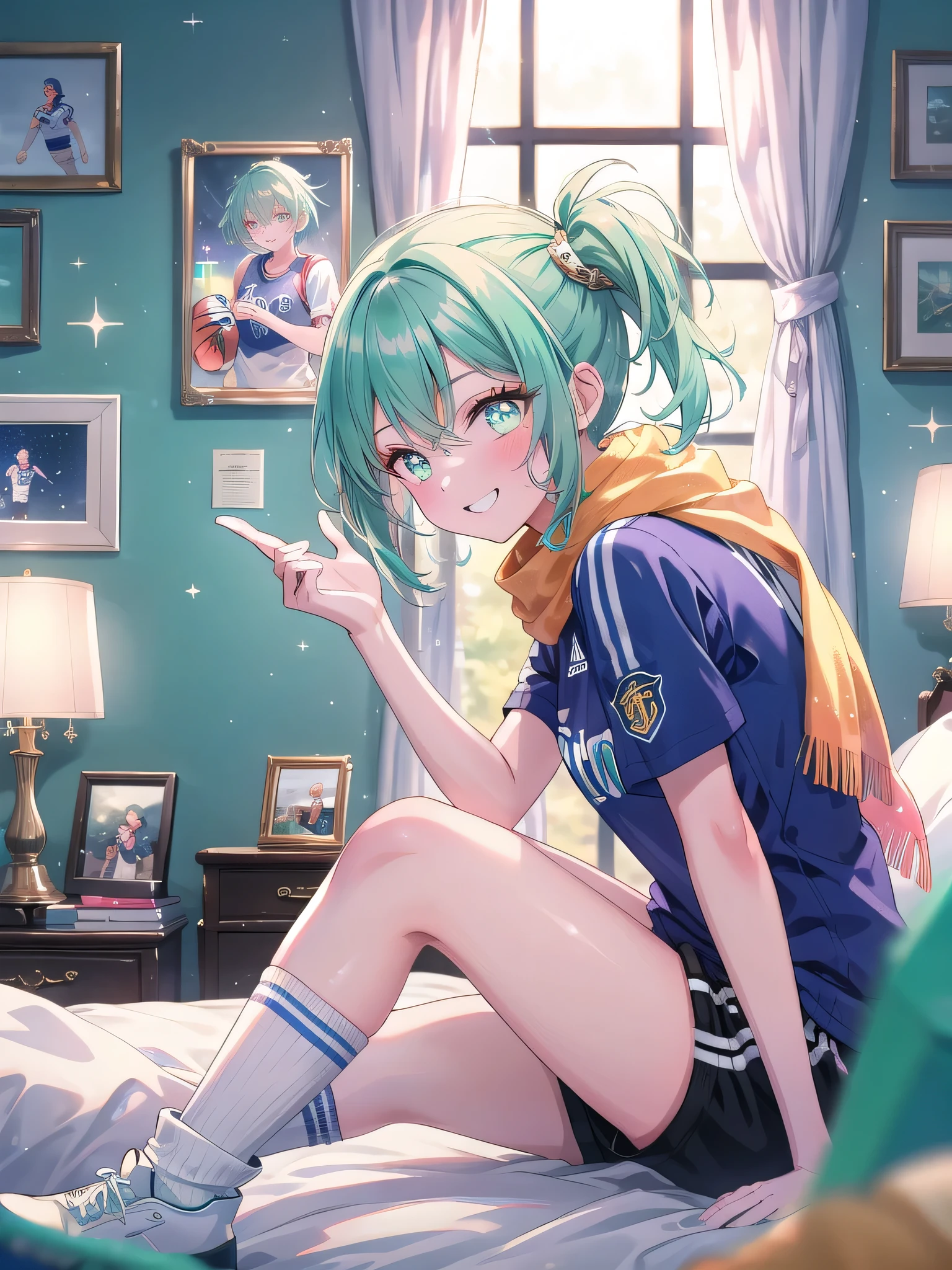 ((8k, Highest quality, masterpiece: 1.3)),Ultra-high resolution,(1 girl, alone), (Color changing eyes, Ultra-detailed, Expressive brilliance, Glitter, Glowing Eyes), Highly detailed eyes, Highly detailed face, Random Hair, ((pastel colour)),A cheerful young woman with pastel mint-green hair styled into loose waves, sitting on her bed in her softly lit bedroom during a lazy afternoon. She is dressed in a subtly sexy sports fan cosplay, wearing a fitted team jersey, knee-high socks, and a pair of sporty shorts. The camera captures her from a low angle as she grins while holding a foam finger and cheering, her expression full of enthusiasm and excitement. The room is filled with soft natural light, with sports memorabilia on the wall, a few team scarves draped over the bed, and a vibrant, fan-filled atmosphere.