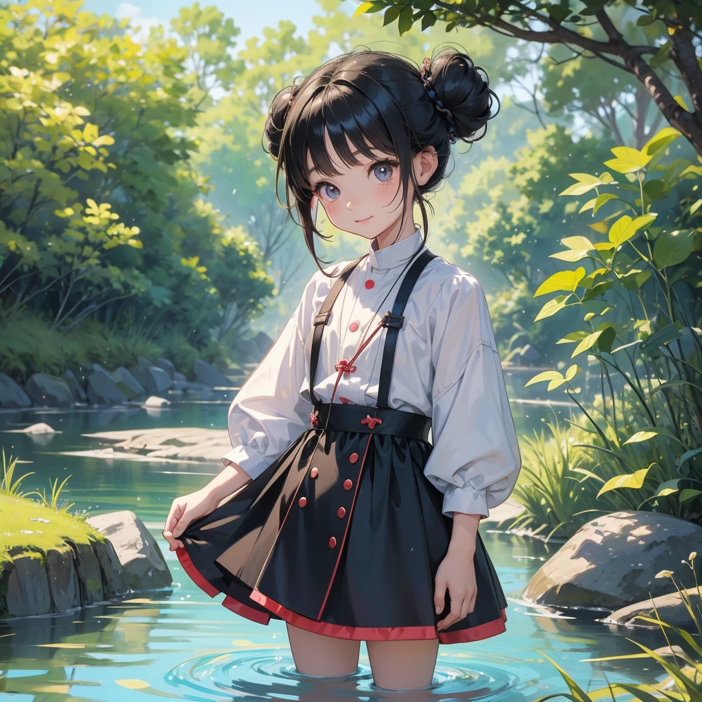 A chibi child girl had a small face and wearing a little tourist priest’s outfit.a pair of big round eyes shone with curiosity about him. This child was so cute. He is fishing along the stream near the river that flows by., her hair is black with buns on her hair. Small chibi , chibi baby, smiling , chibi.