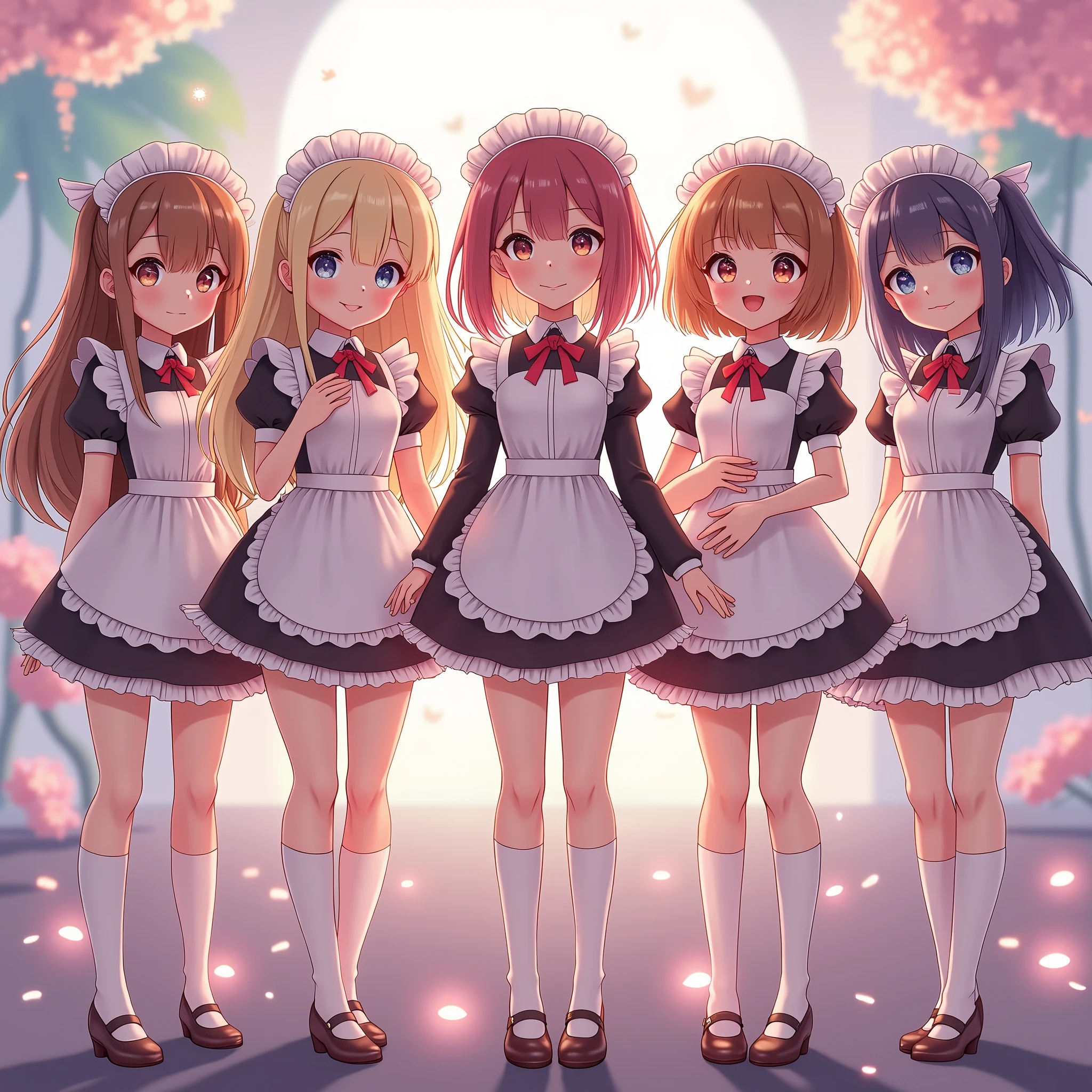 (Full Body of Extremely Detailed((Kawaii Maid Group in a row:1.37))), Cute perfect face, Reflective Eyes, Detailed(Delicate Clothing textures), Correct Leg Line, Dynamic Joyful Expressions LifeLike Rendering, Specular Reflection, TopQuality 8K Ultra-detailed masterpiece (ProfessionalPhoto:1.37), (Acutance:0.8), (Luminism:1.28), (Renaissance art style), Colorful Light particles, ((Full body from side)), {MicroMini Skirt|Kissing|Breast Lifting|Undressing|Thigh Gap|AssFocus}, Radiant Fine Skin with Transparency, (Exposed:0.5), (Different types of Anime hair color){Pink Hair|Blue Hair|Platinum Blonde|Pure White Hair|Liquid Hair}, Perfect Lighting, insane (((insane UnrealEngine5,top Masterpiece,ultra highdef, insane Professional Photorealistic,optimal ultra sharp-focus,max,ultra high-quality,opengl-shaders,symmetrical,ultra high-details,accurate reflex,ultra highres, perfection volumetric,Cinematic_Sunlight,improved Octane_render,XT3,DSLR,3dcg shadow, analogiques, extatiques, high saturate, reflection))),dazzling Will-o'-the-wisp,global luminescence, --v 6 --s 1000 --c 20 --q 500 --chaos 100