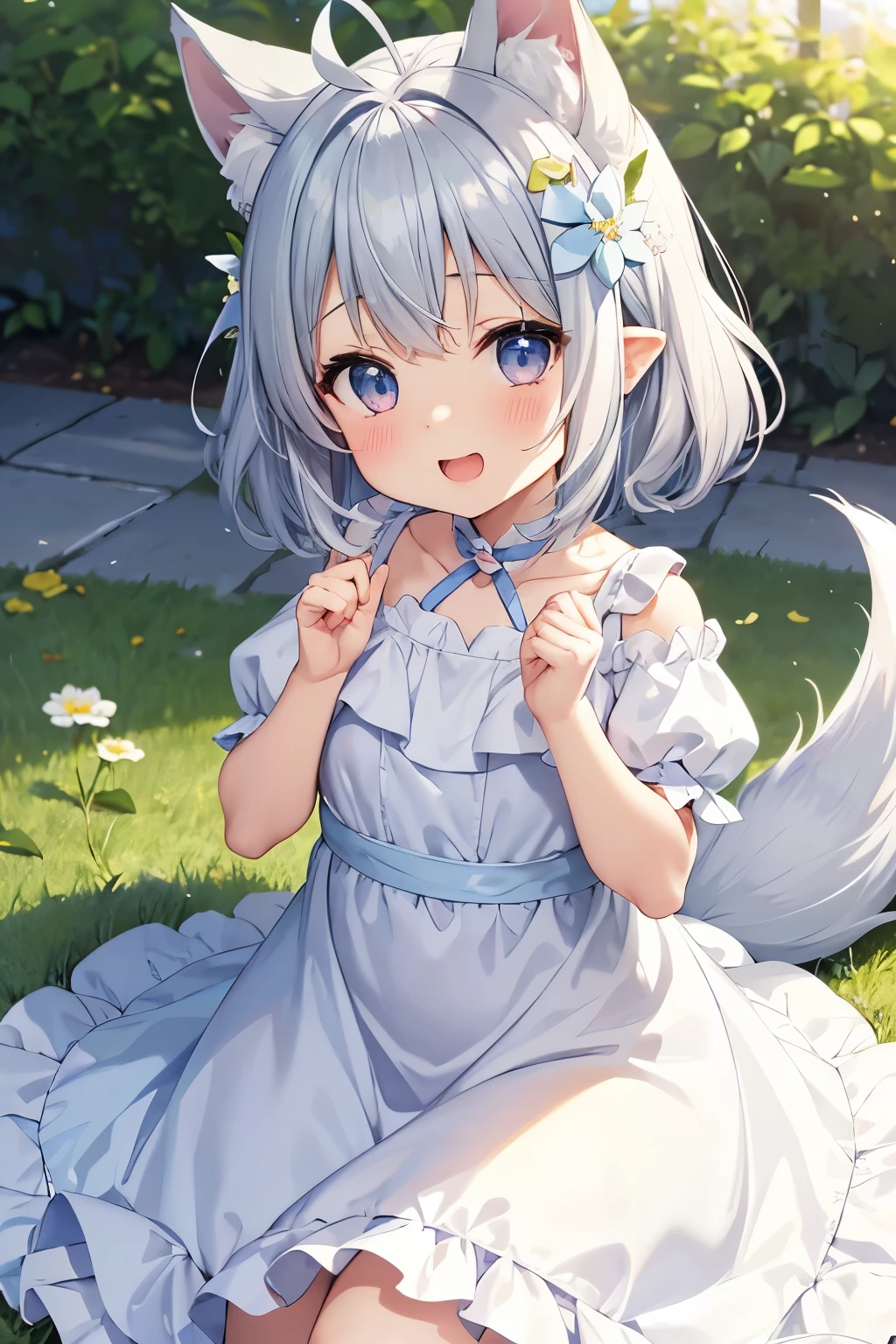 anime、pastel、Very young、child、Laugh with a big open mouth、Very short、Gray Hair、long、Flower Hair Ornaments、fluffy ears、Dropped ears、Fluffy tail、Big, cute eyes、With an odd eye of azure blue、Cheeky cheeks、Slender body、She is wearing a white and light blue dress.、Outdoor、Cute Girlfriend、Going out