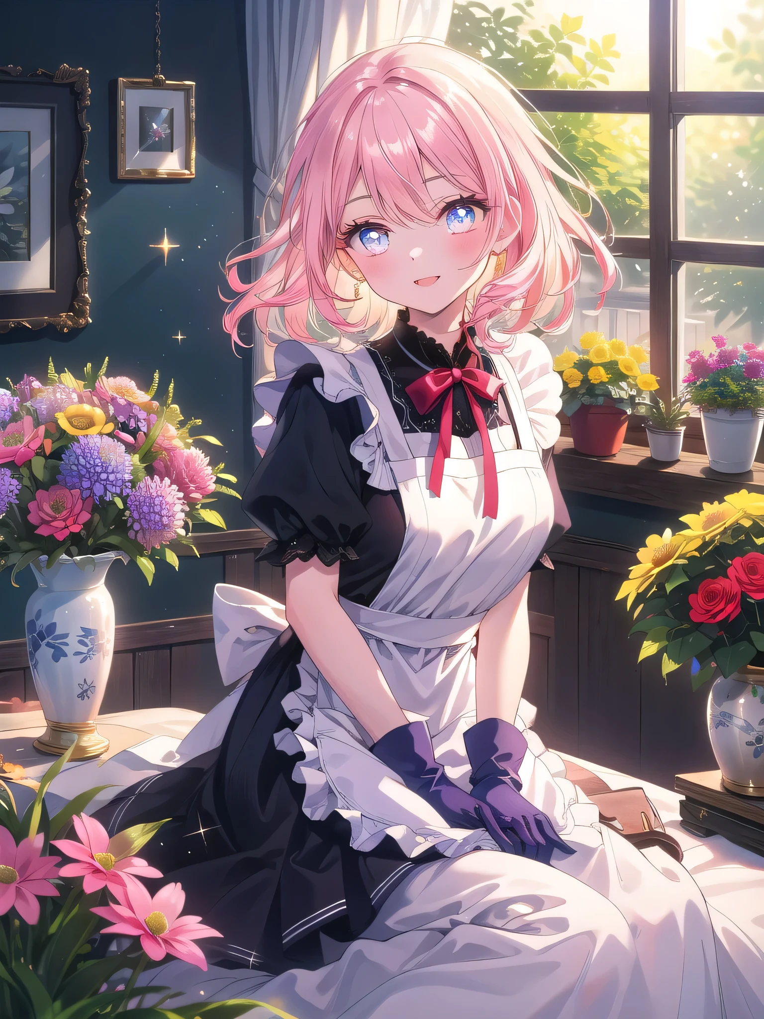 ((8k, Highest quality, masterpiece: 1.3)),Ultra-high resolution,(1 girl, alone), (Color changing eyes, Ultra-detailed, Expressive brilliance, Glitter, Glowing Eyes), Highly detailed eyes, Highly detailed face, Random Hair, ((pastel colour)),A joyful young woman with pastel pink hair styled into loose curls, sitting on the floor of her sunlit bedroom during a bright morning. She is dressed in a modest yet subtly sexy florist cosplay, wearing a floral apron over a simple dress and a pair of gardening gloves. The camera captures her from a slightly low angle as she arranges flowers in a vase with a bright smile, her expression full of care and tenderness. The room is filled with natural sunlight, with vases of fresh flowers on a table, a few gardening tools scattered around, and a fragrant, blooming atmosphere.

