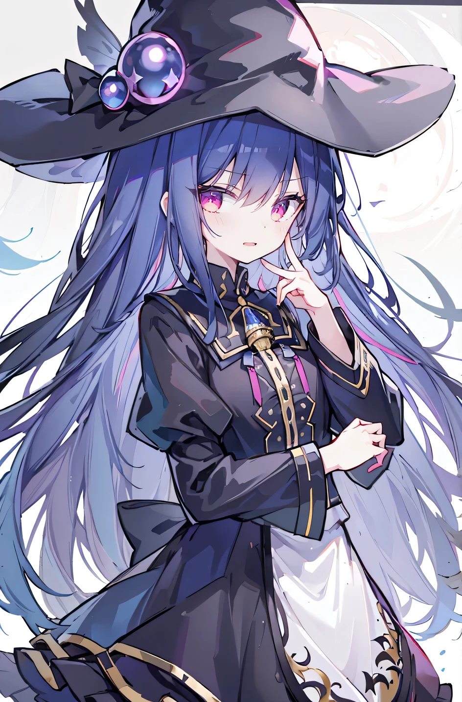 oung Girls,Humanity,A magician always smiles,big witch hat,cute,dark blue long hair,The eyes are dull,The bangs are heavy,Thin eyebrows,fantasy,intake,Double teeth,Star Theme,Constellation pattern,Solid color clothetal decoration,cloak,A bit of a dark atmosphere,A little crazy smile,When the big moon shines outside at night,blood,Hair black star embellishment,Short tie,No nails,High waist skirt,Bell sleeves,Long-sleeved shirt,Black tie,low risk,gentlemen。Mist、Yellow and white effect,Shocking pink as an accent color