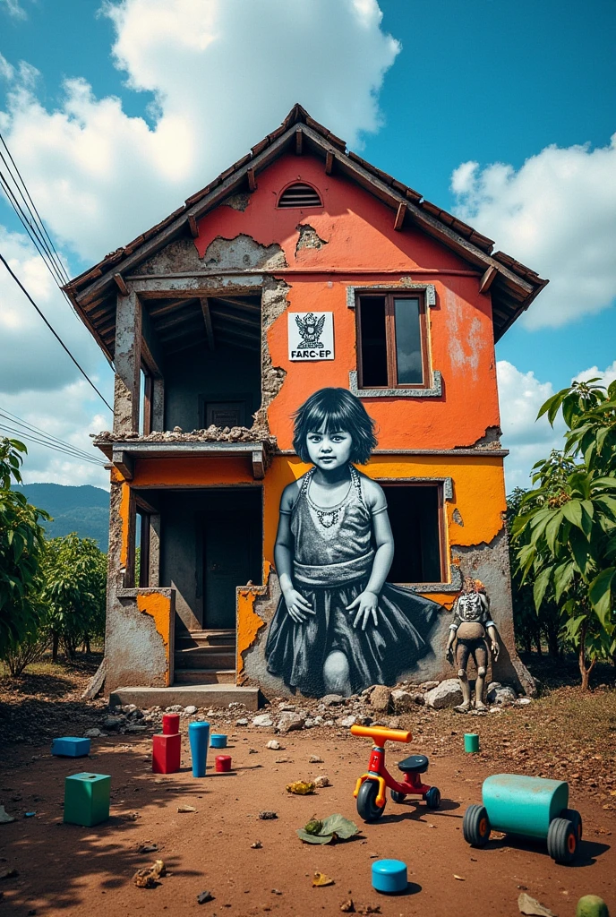 urban art mural that contains a house with serious damage from the passage of a bomb , in its vicinity you can see the toys of the girl who lived on the second floor in black and white. and the house has the symbol of the FARC-EP, The house is located in a rural area, coffee growing region of Colombia and its surroundings are full of coffee bushes