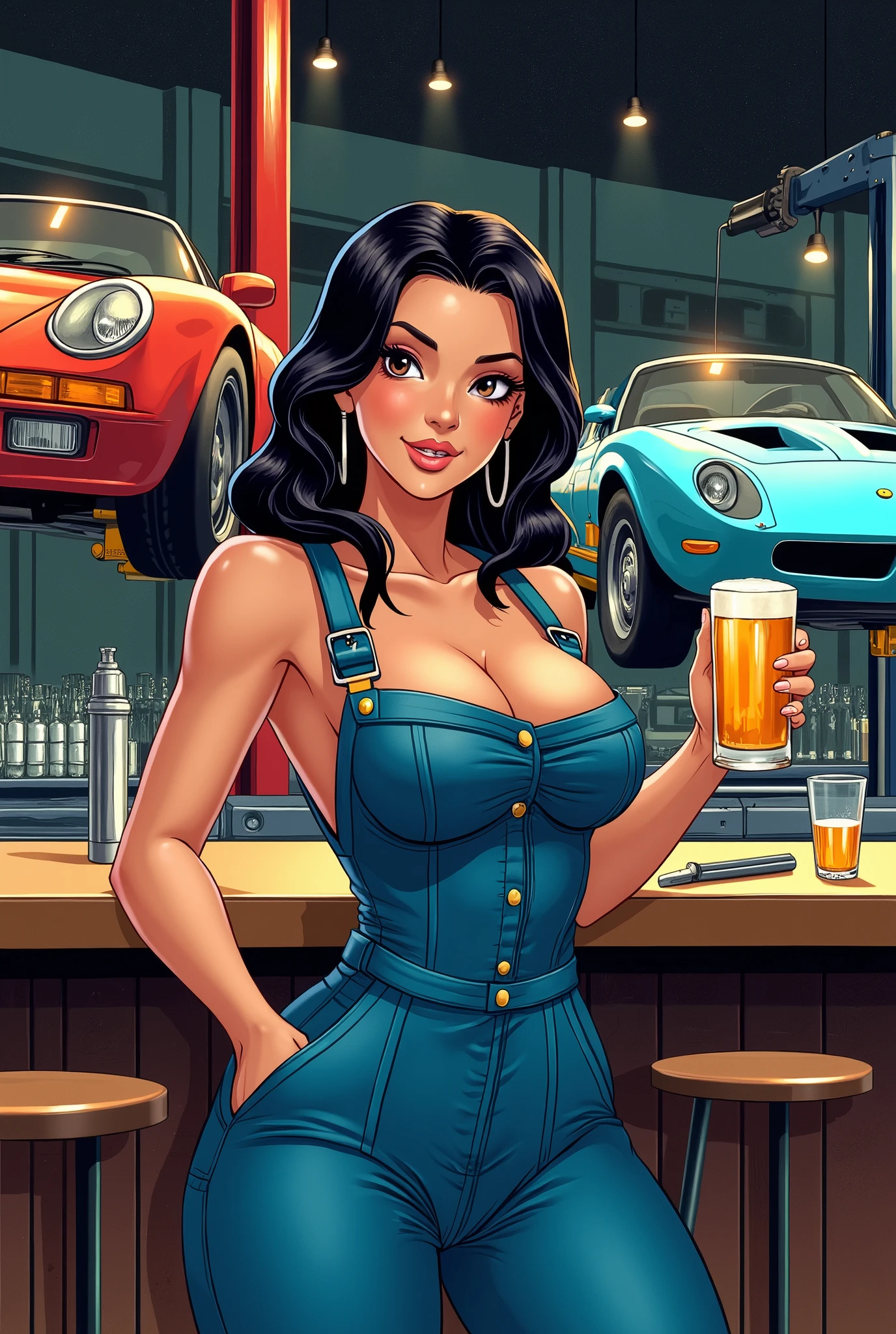 image type manga, environnement : bar à cocktail dans un atelier de réparation automobile, voitures de sport sur des ponts élévateurs personnage : barmaid, peau métissée, habillée en bleu de travail sexy, gros seins, sert une bière, visage détaillée