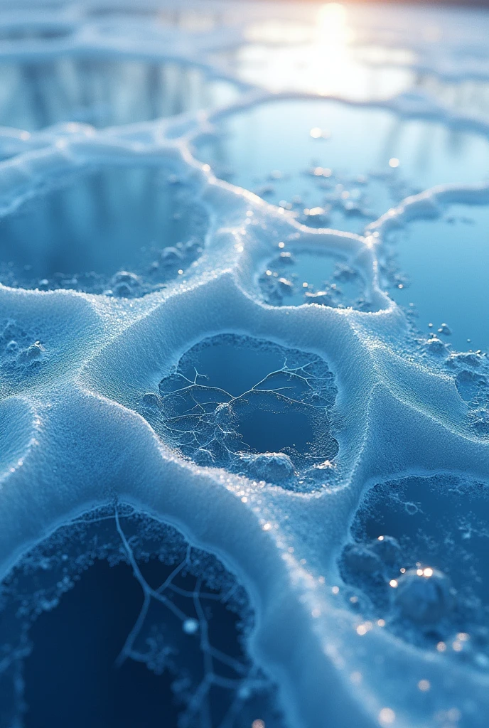 highly detailed, ultra realistic image of frozen lake or icy surface, with intricate patterns of cracks, fissures and crystalline textures in shimmering blue and white tones, resembling delicate glass artwork, hyper detailed, 8k resolution