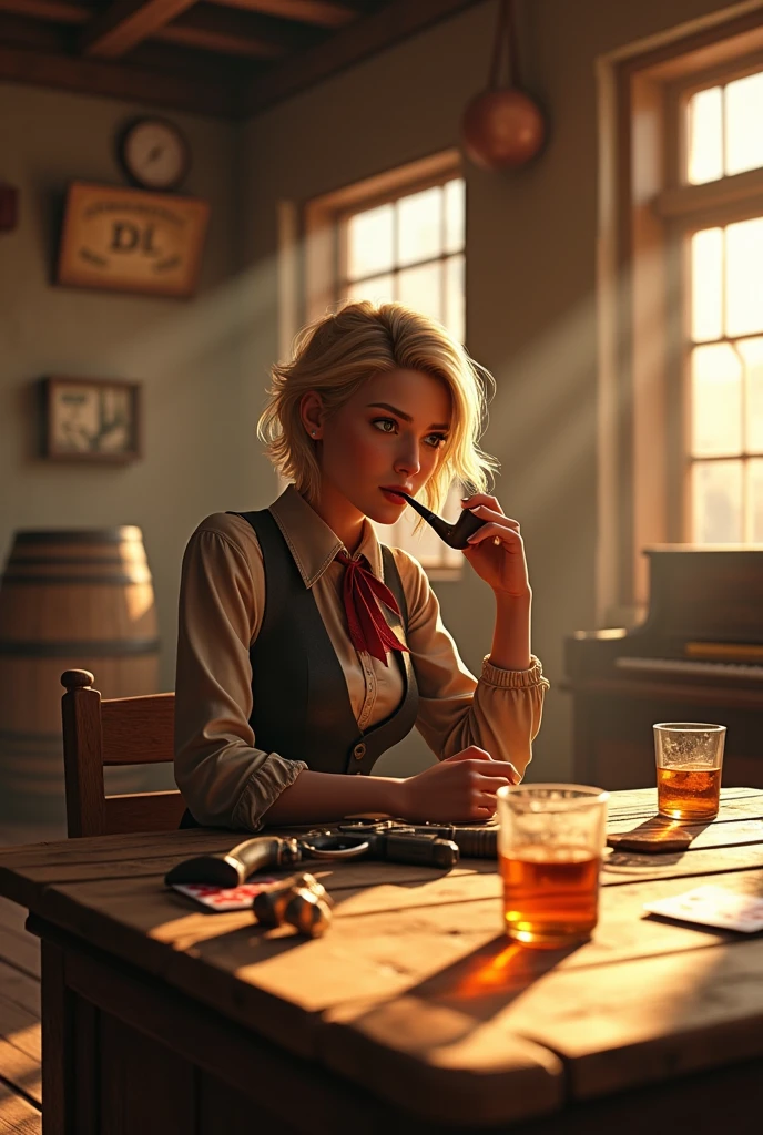 Short Haired Female Cowboy in a Saloon in the Old West,Blonde,Sitting,Smoking Pipe,Table Wisky,Piano,6 Bullet Revolver,Barrel,Table,Playing Cards,Dust,Artwork,3D,4K,Detailed,Realistic