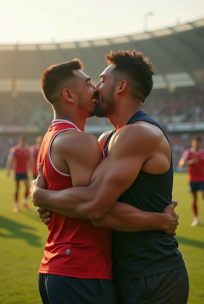 Young Asian rugby player A and senior Asian rugby player B。A has a buzz cut and dark skin、Wearing sleeveless rugby uniforms、Sweaty。B is short-haired and muscular。A and B after the match、Hug and kiss