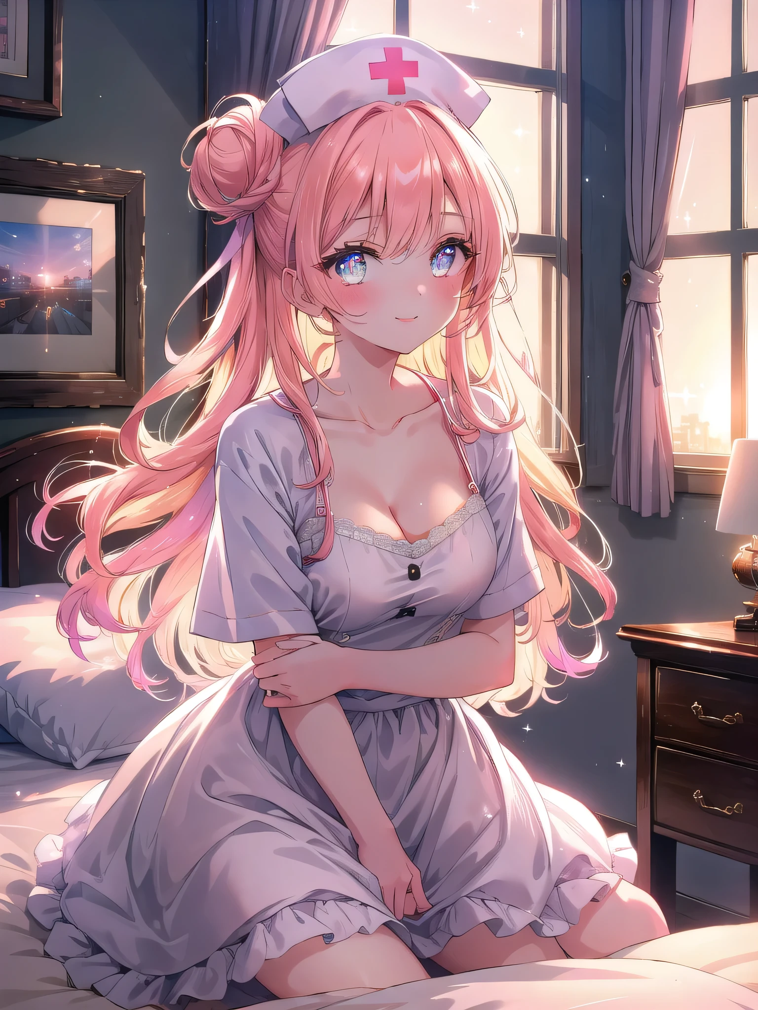 ((8k, Highest quality, masterpiece: 1.3)),Ultra-high resolution,(1 girl, alone), (Color changing eyes, Ultra-detailed, Expressive brilliance, Glitter, Glowing Eyes), Highly detailed eyes, Highly detailed face, Random Hair, ((pastel colour)),A playful young woman with pastel peach-colored hair styled into a loose bun, sitting on the edge of her bed in her softly lit bedroom during a late afternoon. She is dressed in a subtly sexy nurse cosplay, wearing a fitted white dress with a low neckline and a nurse's cap. The camera captures her from a slightly low angle as she leans forward, emphasizing her cleavage with a gentle smile. The room is warmly lit by the setting sun, with a small first-aid kit on the bedside table, and a caring, intimate atmosphere.