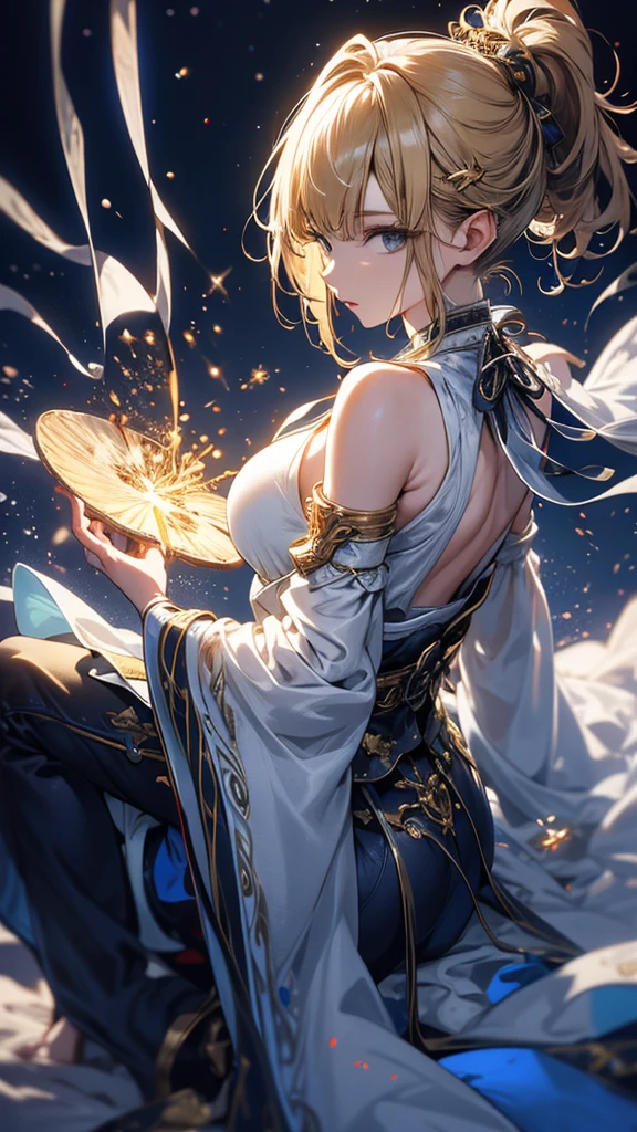 masterpiece, high quality, 4K, Beautiful design, silhouette,blonde, 非常に詳細な夜のStarry Sky,Cold ice world, wonderful, Finer details, Very knowledgeable woman, Highly detailed solo, 1 female,Big Breasts,Butt Emphasis,High-neck dress,No sleeve,Night view,Starry Sky,full moon,How to sit,firework,