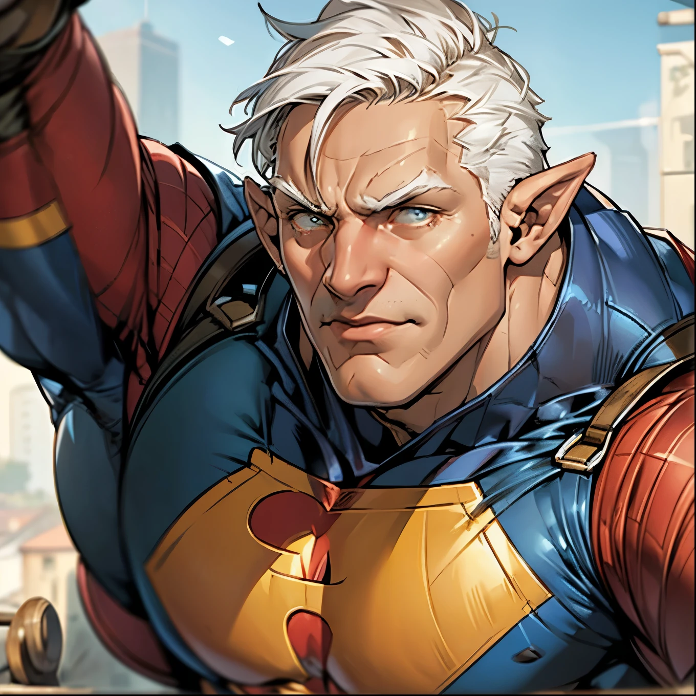 Pointy ears, mature, white hair, huge muscles, superhero, superhero pose, detailed face, detailed eyes, 4k, Mr. Incredible outfit.