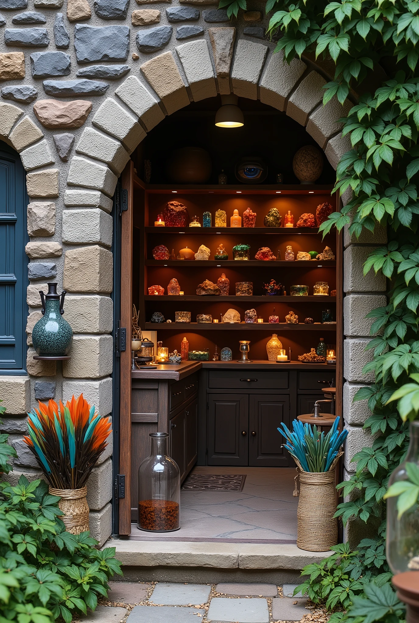 a medieval European stone house。on shelves lining the walls are minerals and gems、A flask and herbs、Mr.々bird feathers are placed。