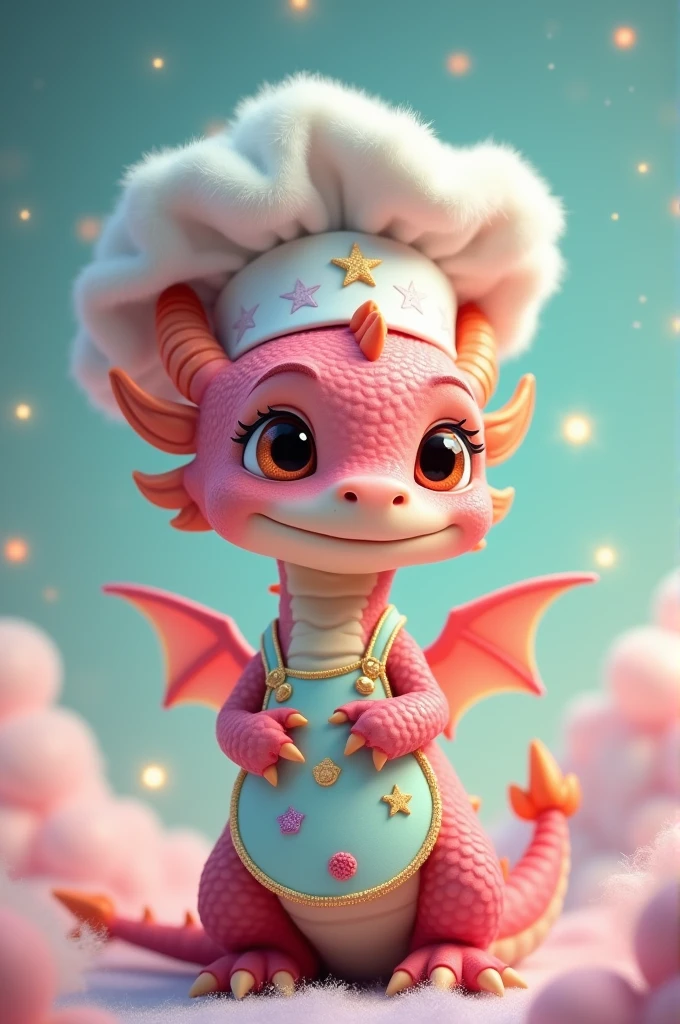 Description of the Sweet Dragon: Disney
General Aspect:

Size: Small and friendly, with a charming and non-intimidating appearance.
form: rounded, with a plump figure that reinforces its tender character.
Color y Scales:

colors: Scales en tonos pastel, like light pink, menta, the lavender, with a soft shimmer.
Scales: Scales de tamaño pequeño y uniformemente distribuidas, with a glossy finish that adds a magical touch.
Face and Expression:

eyes: large and expressive, with a friendly glow that reflects sympathy.
boca: Small and smiling, showing a cheerful and welcoming aspect.
Cheeks: Soft and rounded, accentuated with a slight blush to add tenderness.
Chef Appearance:

cap: Wears a white chef's hat with a small golden or silver border, highlighting on its head.
apron: A pastel-colored apron with a cute design, like little stars or pastries printed on it.
 