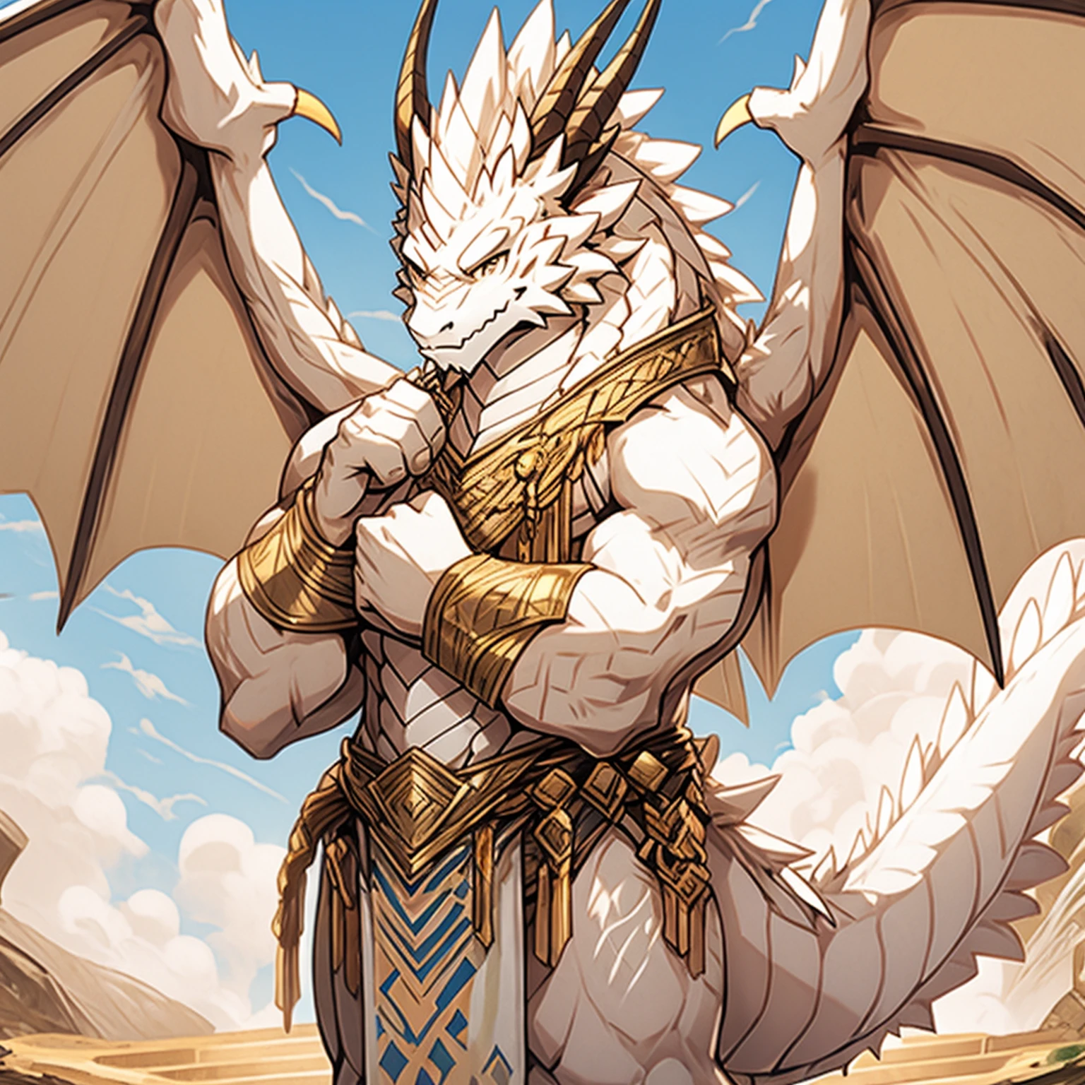 Naked, white dragon head, huge white dragon wings, white-gold dragon horns, golden patterns, a boy, alone in a white loincloth.