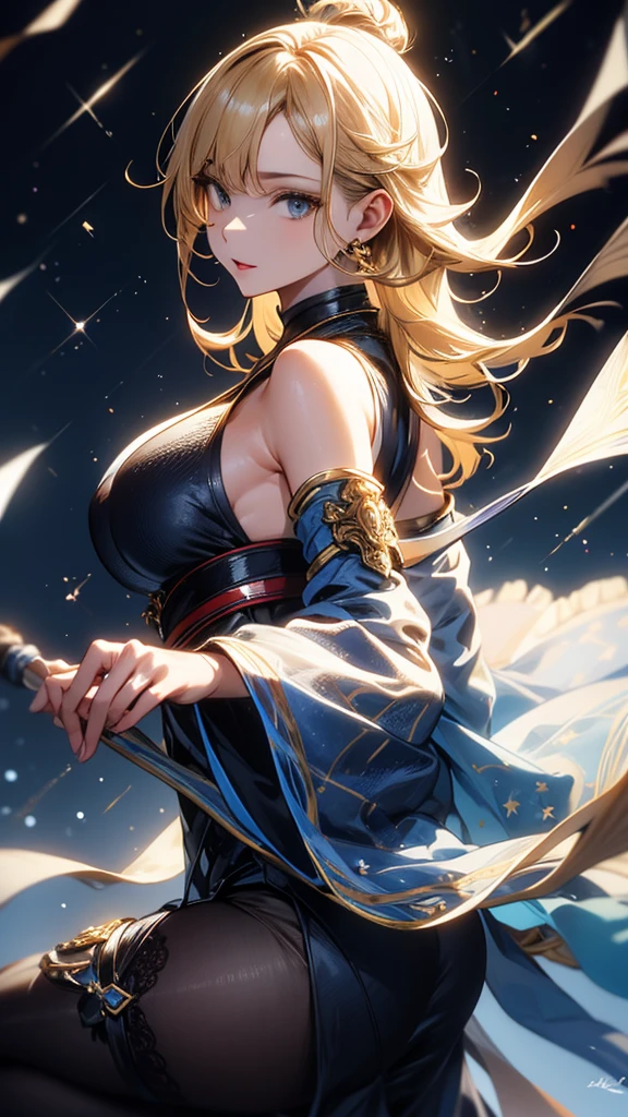 masterpiece, high quality, 4K, Beautiful design, silhouette,blonde, 非常に詳細な夜のStarry Sky,Cold ice world, wonderful, Finer details, Very knowledgeable woman, Highly detailed solo, 1 female,Big Breasts,Butt Emphasis,High-neck dress,No sleeve,Night view,Starry Sky,full moon,How to sit,firework,