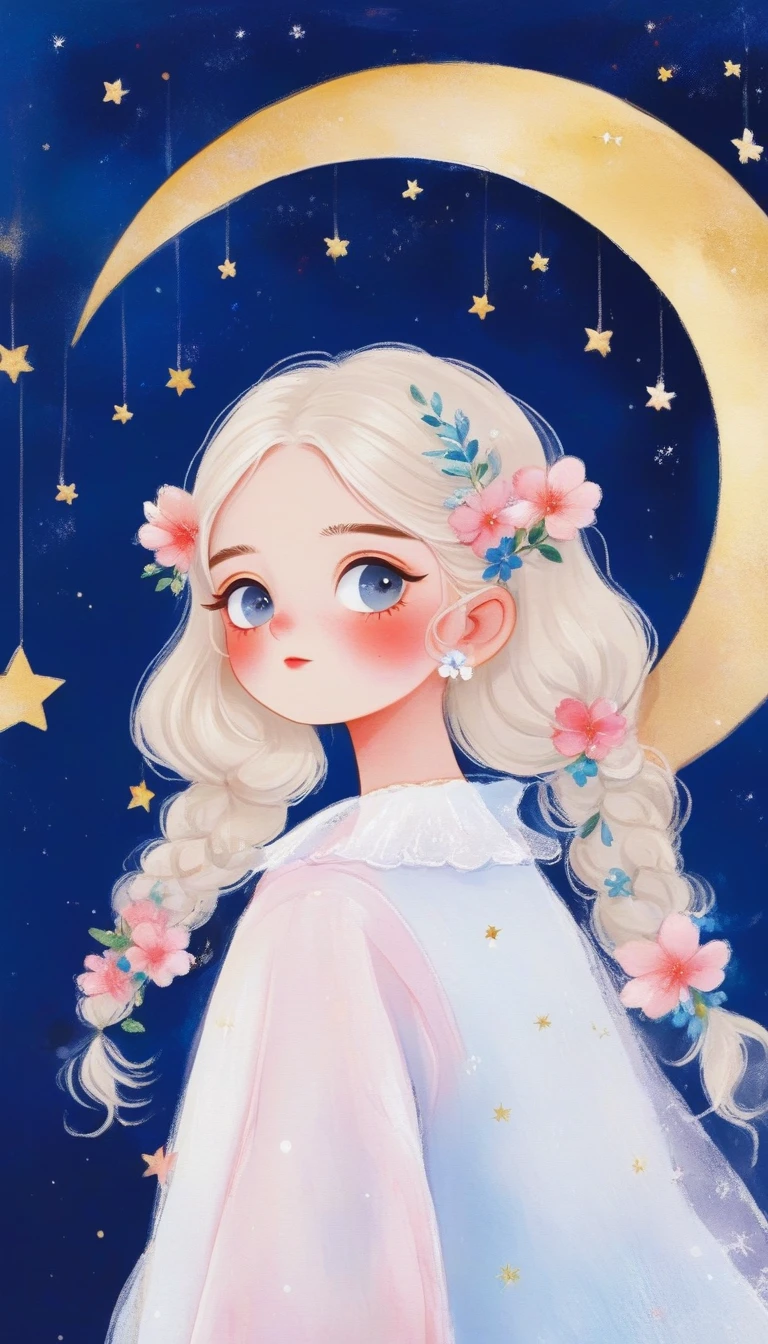 masterpiece, best quality, Cute hand painted, Picture book illustration，1 Girl, solo, White hair flowers，Shirt lace collar, blush, Hair accessories, Audience,Crescent moon and stars overhead，Large blank space at the top，Characters account for 30%%，Blue Background