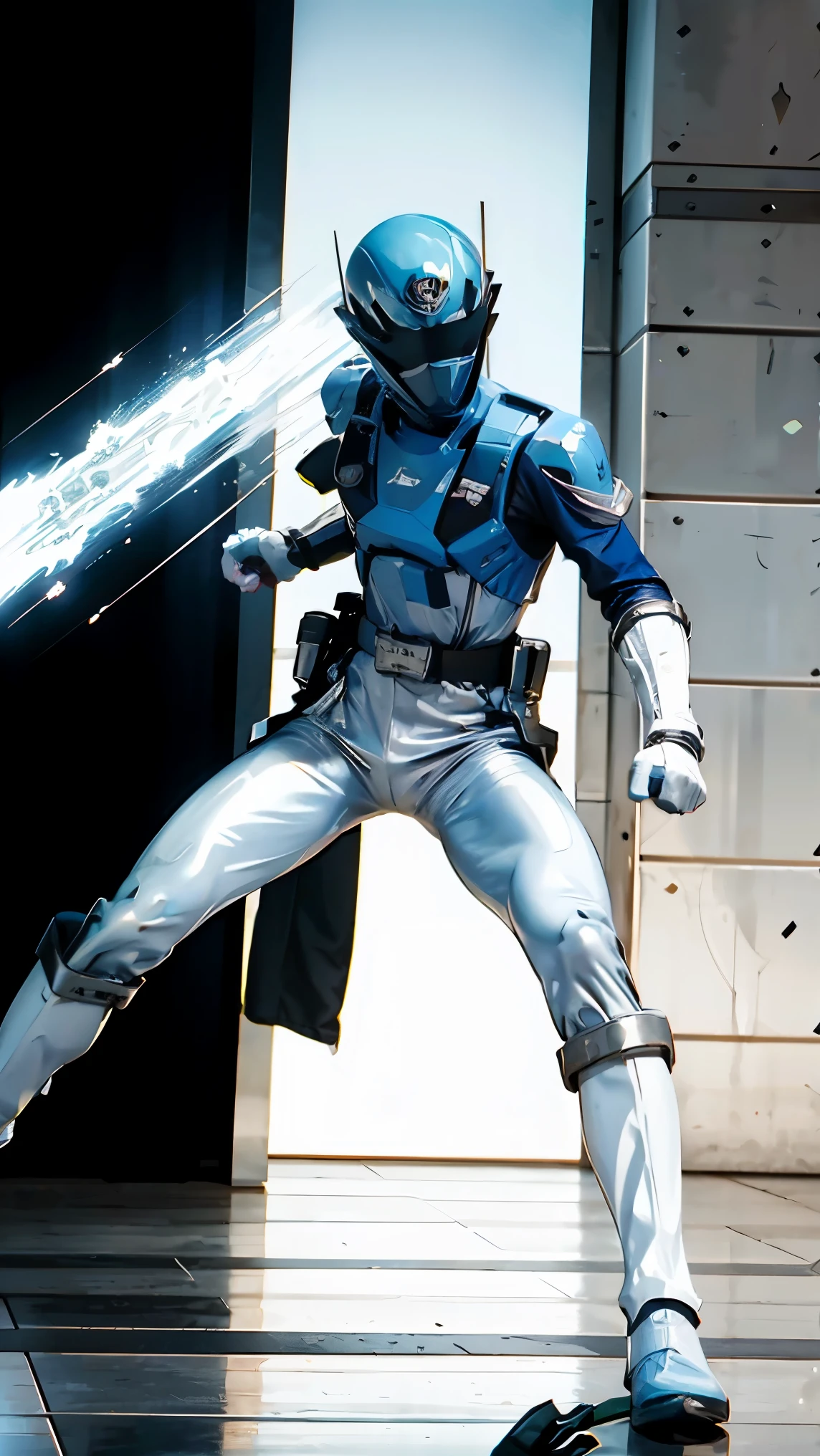 1boy, white, full body, Illustration, cinematic light, high resolution, best quality, ultra-detailed, masterpiece, power suit, powerranger, suit, spd, (silver royal guard ranger suit), gold detail, holding white pistol, flowing, light armor,  martial arts, dynamics, flames, particles