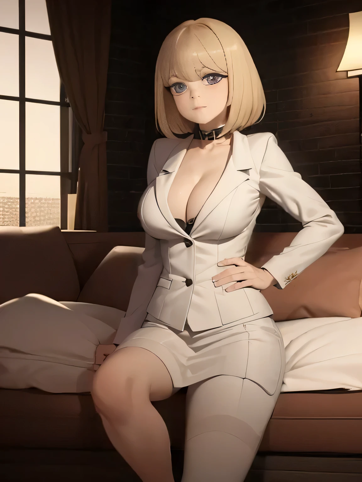 (1girl:1.3), Masterpiece, Best quality, amazing beauty, 4K, absurdres, finely detail, super detailed eye, perfect anatomy, official art, cinematic lighting, BREAK, bedroom, silky bob cut, blonde, super shiny detailed black eye, big eyes, embarrassed, BREAK , big breasts, sitting chair, BREAK , (business suit:1.2), (Cleavage is visible:1.2), BREAK,()