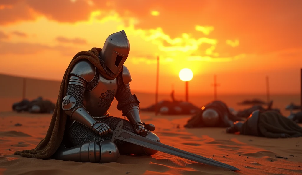 A highly realistic, high-contrast, 8K HD, detailed, hyper-detailed image set in a desert during sunset. The scene features a knight clad in steel armor with a lion emblem prominently displayed on his chest, crouching in pain while gripping a knife in one hand. His body language shows intense struggle as he endures the pain, surrounded by the lifeless bodies of other knights scattered across the sandy terrain. The warm glow of the setting sun casts long shadows across the desert, highlighting the stark contrast between the brutal aftermath of battle and the serene beauty of the sunset. The atmosphere is filled with tension and sorrow, capturing the knight's desperate situation amidst the haunting silence of the battlefield. The image is of the highest quality, with ultra-high resolution, RAW photo quality, and Unreal Engine rendering, portraying the powerful and tragic scene in the desert as the day comes to an end.
