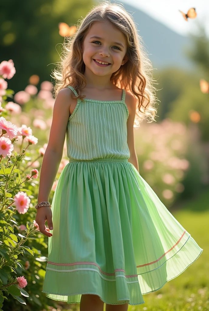 Green pleated skirt with white stripes on the pleats and a thin red stripe at the bottom. 