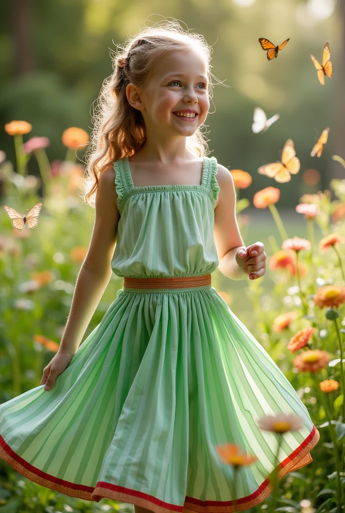 Green pleated skirt with white stripes on the pleats and a thin red stripe at the bottom.