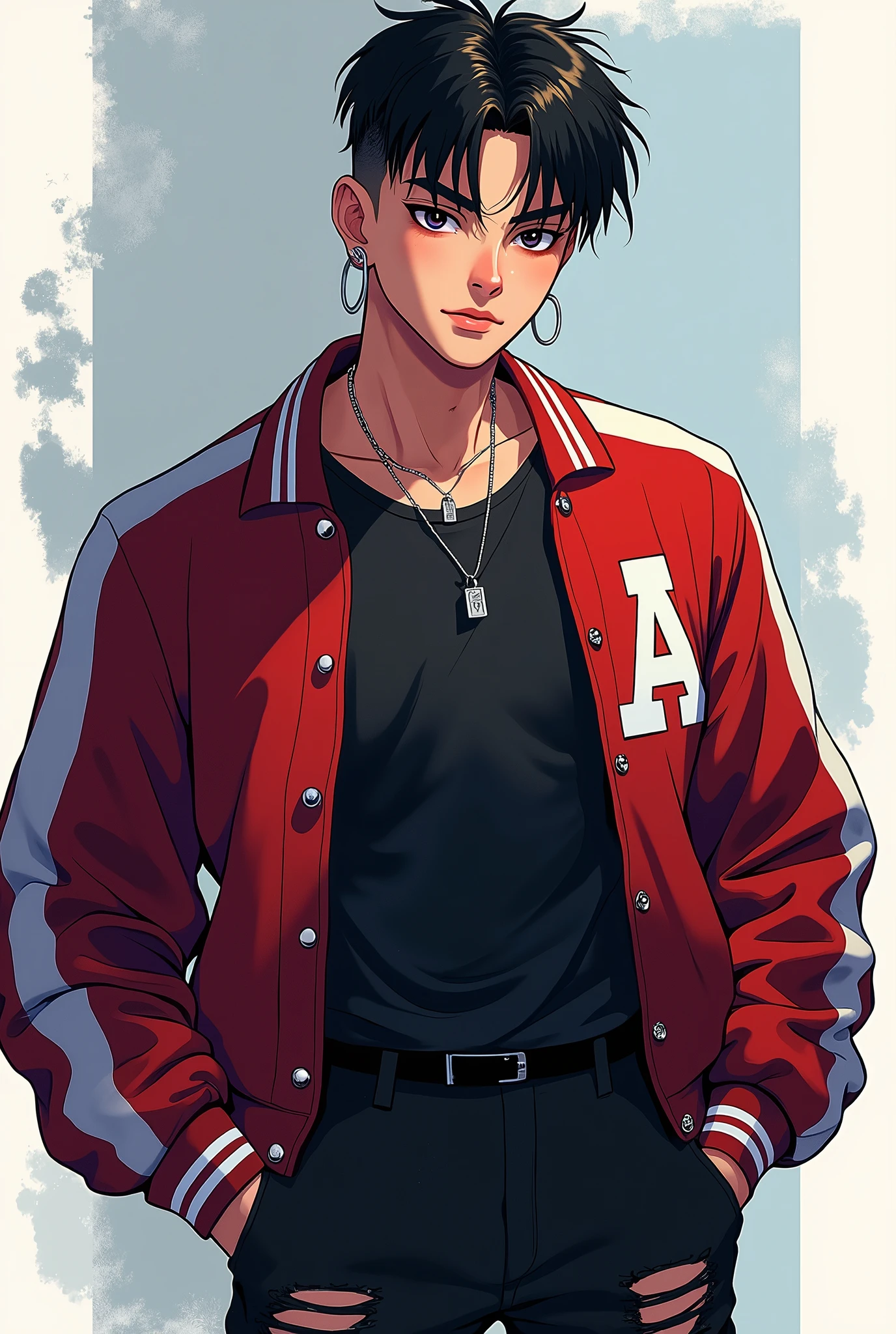 ((Artwork, 8K, 2024 anime style, very detailed)), 1 boy, Brazilian nationality, black undercut hair, sensual look, thick eyebrows, medium nose, black eye iris color, wearing a nose piercing, two silver earrings in the ears, wearing a black shirt, wearing a black college jacket with white details, wearing ripped wide black pants.