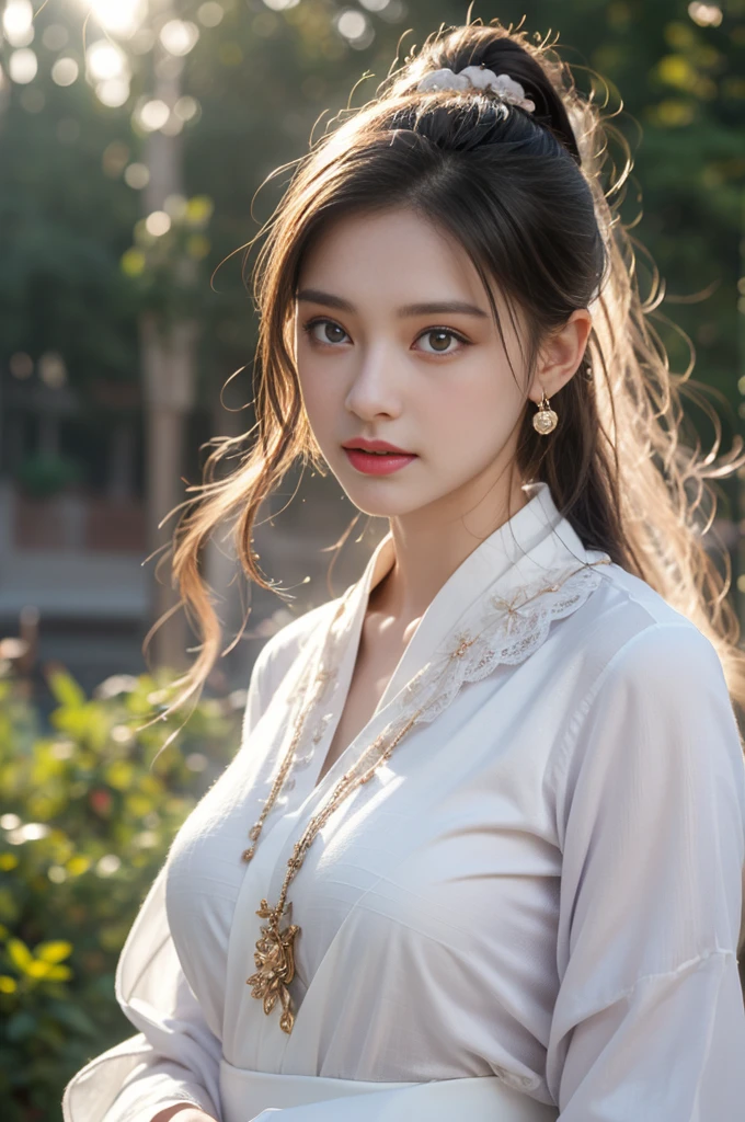 1 beautiful girl in Hanfu costume, ((white thin purple silk shirt with a lot of texture)), white lace top, long purple platinum ponytail Hair, Jewelry, ear jewelry, necklaces and necklaces, carefully drawn big purple eyes, makeup careful, thin eyebrows, high nose, beautiful red lips, no smile, pursed lips, rosy cheeks, wide breasts, big breasts, proportional breasts, slim waist, purple fishnet socks, chinese hanfu style, fictional art texture, colorful bright and realistic, RAW Photo, Realistic Photo, ultra high quality 8k surreal photo, (effective fantasy light effect: 1.8), 10x pixels, magical effect (Background): 1.8), ultradetailed eyes, full body portrait of girl , Chinese royal garden background, dynamic pose