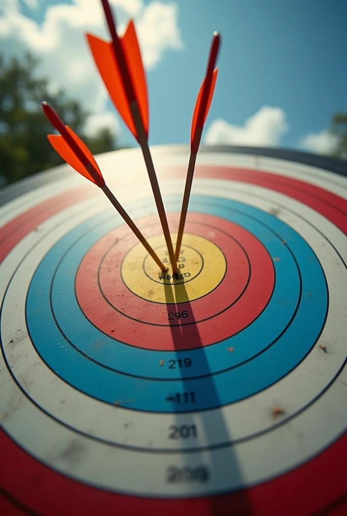 A close-up of the target with multiple arrows now hitting the bullseye.Description: The final scene highlights the target, symbolizing the achievement of goals. The moral of the story is presented: "To achieve success, focus your mind like a sharp arrow, calm your thoughts, and concentrate on your goal."