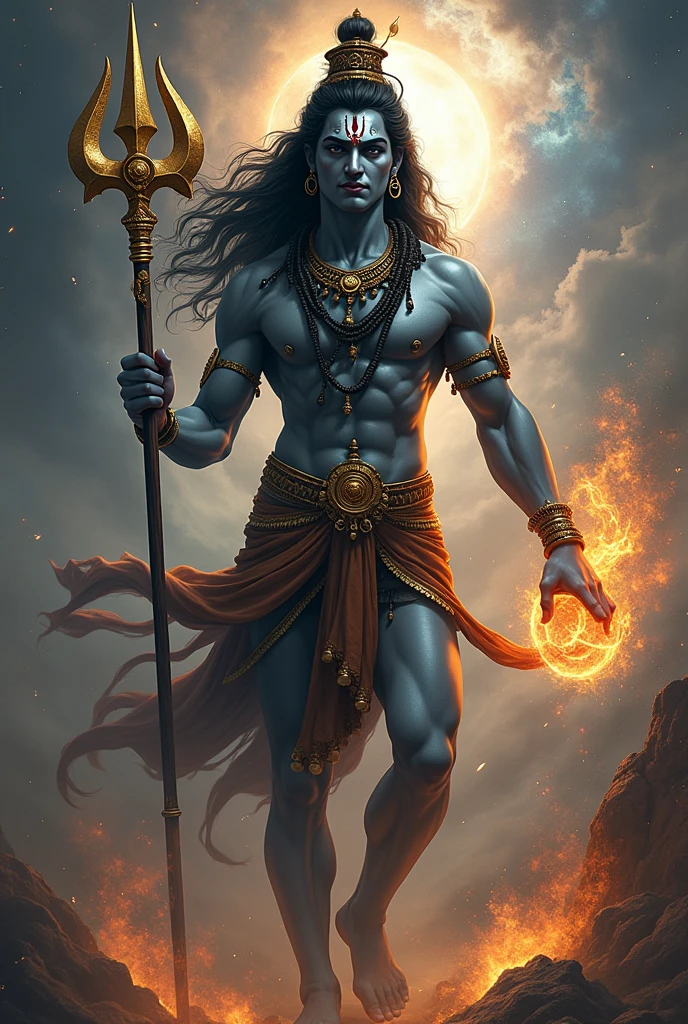 Full Shiva God ,body colour black white, eye colour dark blue, gold jewellery, in hand trishul gold, angry face , tandav roop