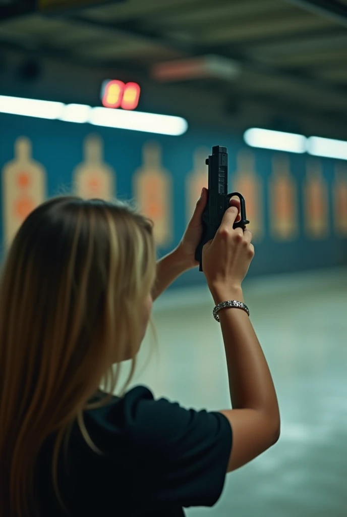 The person taking a picture at a shooting range, with digital clock, thin silver bracelet and the gun in hand