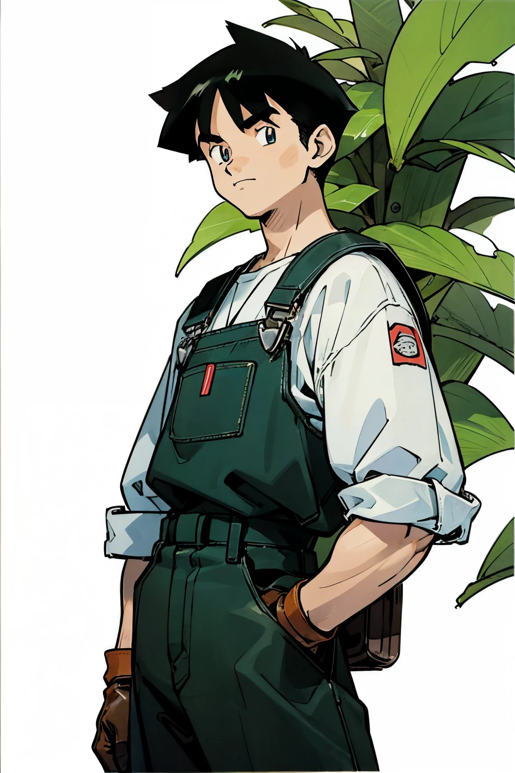 by Ken Sugimori, sugimori 1990s, ((only 1man)), overalls, leather gloves, many shrubberies in the background, ((hands behind their back)), full black pupils, manga, best quality, highly detailed, clean lines, cowboy shot, good hands, good eyes, hd, 8k, professional, symmetrical, hires, 8k,