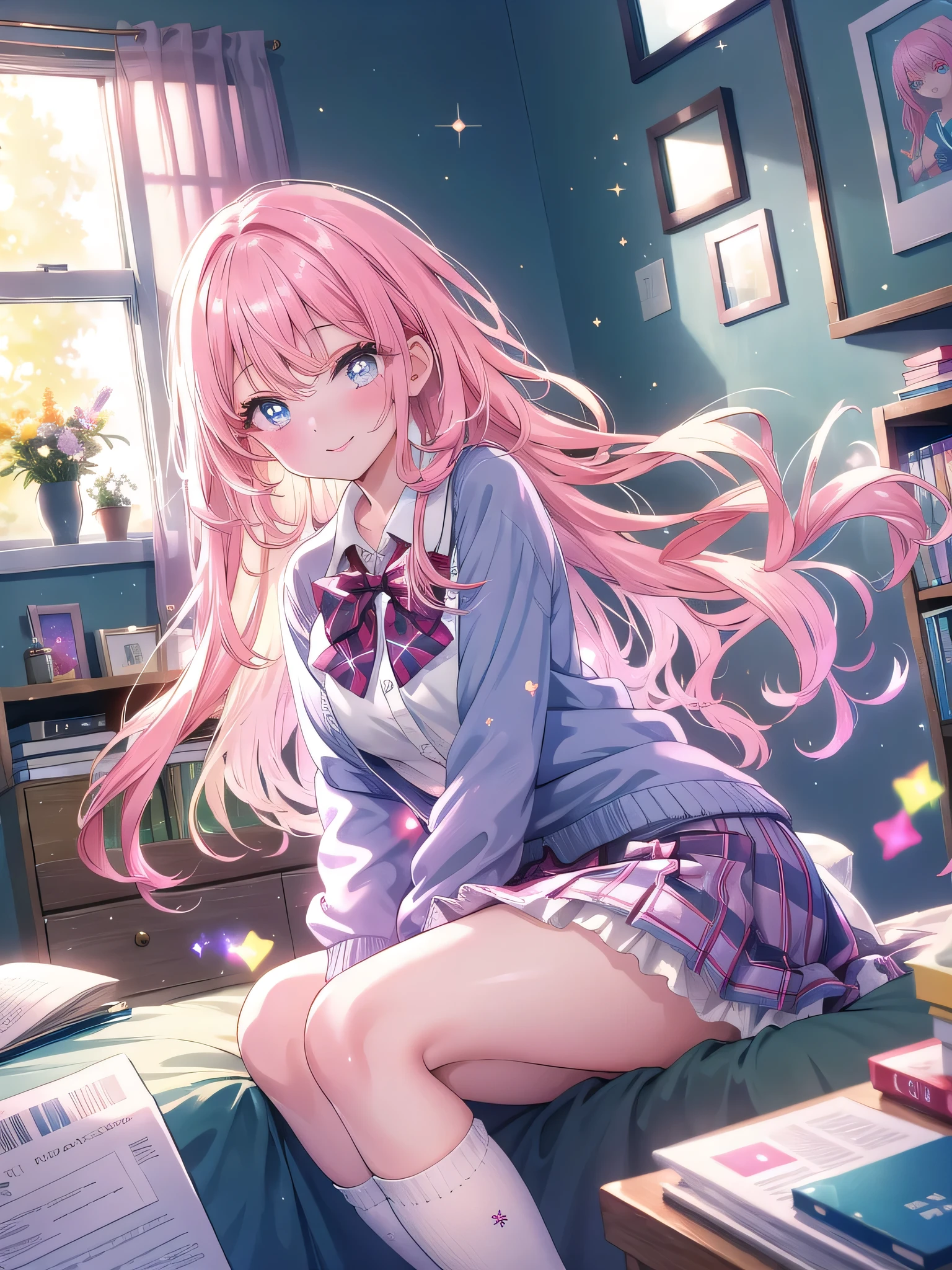 ((8k, Highest quality, masterpiece: 1.3)),Ultra-high resolution,(1 girl, alone), (Color changing eyes, Ultra-detailed, Expressive brilliance, Glitter, Glowing Eyes), Highly detailed eyes, Highly detailed face, Random Hair, ((pastel colour)),A playful young woman with pastel pink hair styled into loose curls, sitting cross-legged on the floor of her sunlit bedroom during a bright afternoon. She is dressed in a simple yet subtly sexy schoolgirl cosplay, wearing a short plaid skirt, a fitted blouse, and knee-high socks. The camera captures her from a low angle as she sits with her legs slightly apart, leaning forward with a mischievous smile, her posture playful yet suggestive. The room is filled with natural sunlight, with a few school supplies scattered around, and a youthful, teasing atmosphere.

