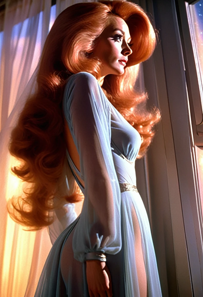 Beverly Crusher (entranced, sheer night gown, no underwear) is sleep walking, looking longingly out the star ship windows. Ethereal cosmic beauty outside window, low angle, focus on her butt
