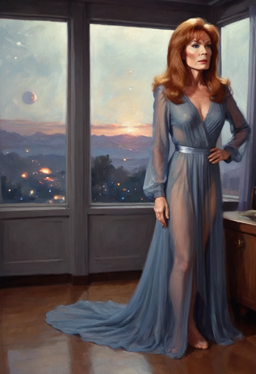 Beverly Crusher (entranced, sheer night gown, no underwear) is sleep walking, looking longingly out the star ship windows. Ethereal cosmic beauty outside window, low angle, focus on her butt