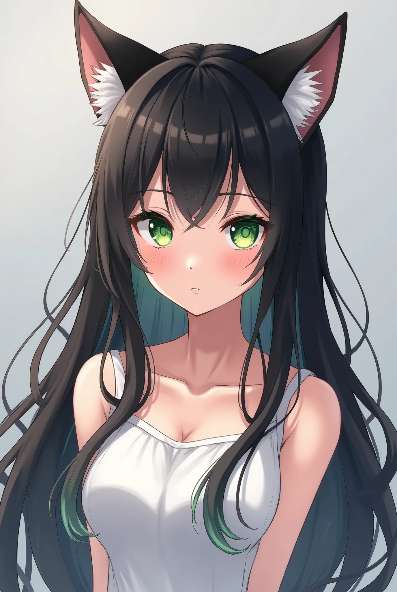 1girl, animal_ear_fluff, animal_ears, bangs, bare_shoulders, black_hair, blush, breasts, cat_ears, closed_mouth, eyebrows_visible_through_hair, green_eyes, grey_background, hair_between_eyes, karyl_(princess_connect!), long_hair, looking_at_viewer, medium_breasts, multicolored_hair, shirt, simple_background, sleeveless, sleeveless_shirt, solo, upper_body, white_background, white_shirt, 