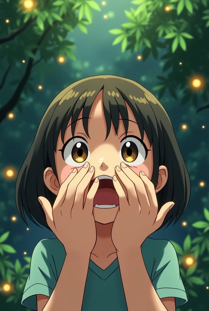 ghibli style digital artwork, close-up of two hands covering mouth, eyes opened wide in surprise