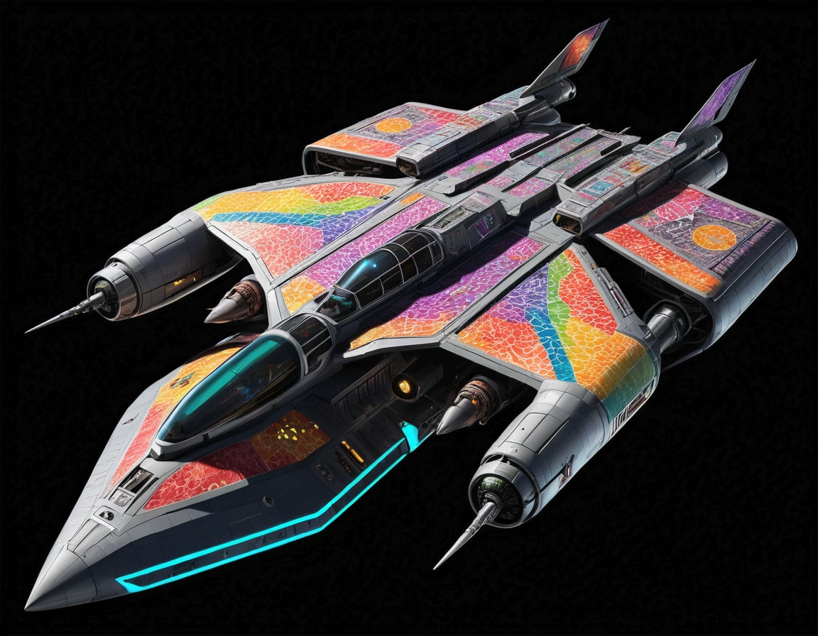 An full image of a giant heavily armored futuristic flying all terrain mothership, covered in rainbow batik pattern and glowing javanese runic symbols, automatic turrets, missile banks, missile defense system, multi-port rear engine arrays, large pivoted missile pods, anti-air batteries, reactive armour over vital spaces, VTOL thrusters, ventral ground-facing VTOL thruster bays, retractable center cannon