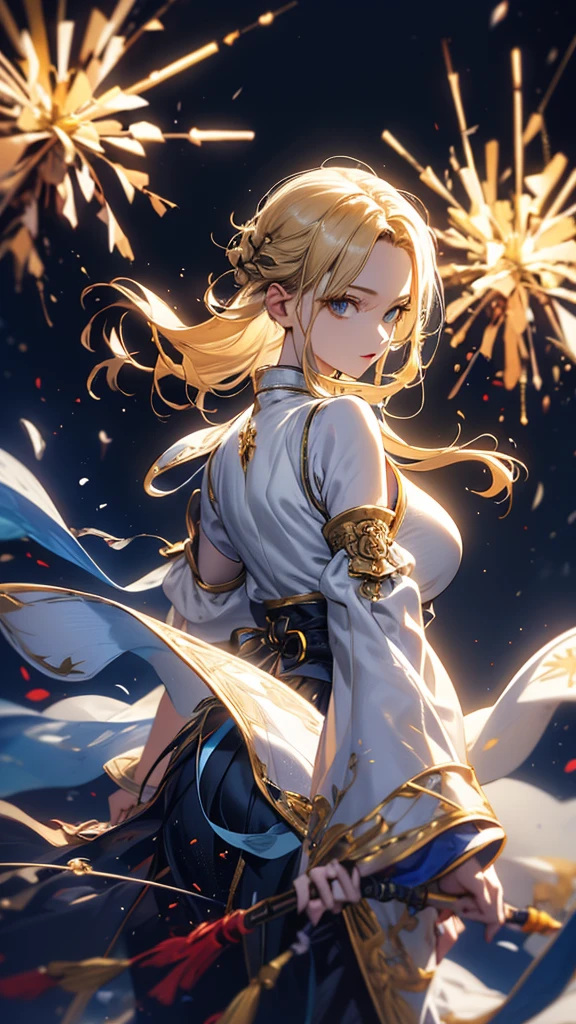 masterpiece, high quality, 4K, Beautiful design, silhouette,blonde, 非常に詳細な夜のStarry Sky,Cold ice world, wonderful, Finer details, Very knowledgeable woman, Highly detailed solo, 1 female,Big Breasts,Butt Emphasis,High-neck dress,No sleeve,Night view,Starry Sky,full moon,How to sit,firework,