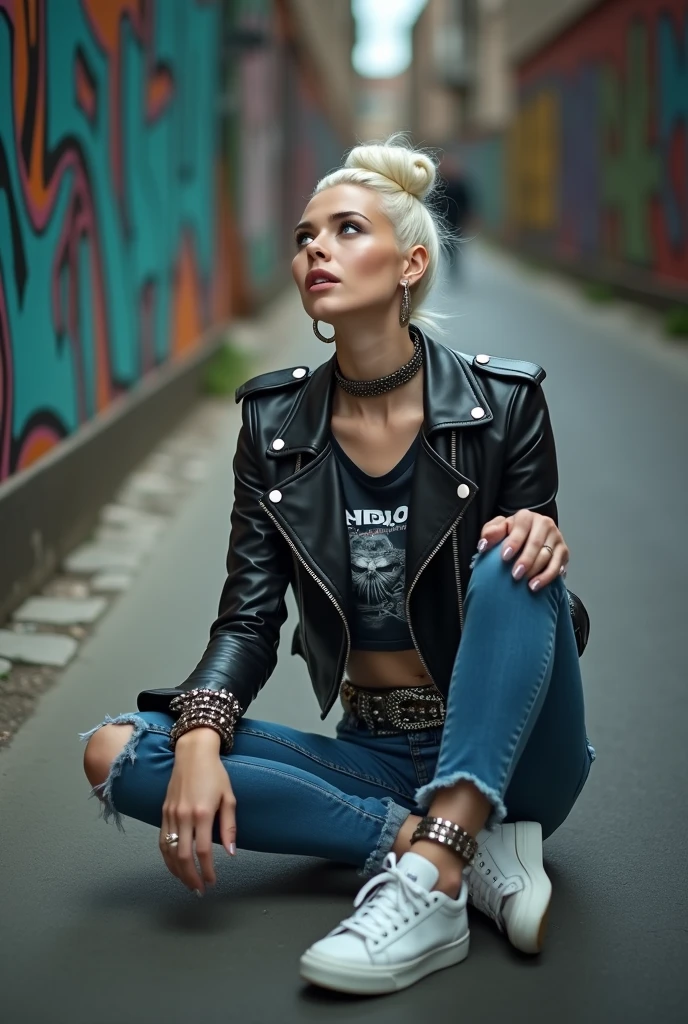 russian milf woman, platinum blonde hair (top bun), with very light blue eyes, extremely pale. Wearing black moto jacket, cropped metal band t-shirt, skinny blue jeans and wiite tennis sneakers . Lots of metallic braceles and collars. Tacky leather belt with oversized buckle. Wide loop earrings. Kneeling in a payer, chin up, mouth wide open in amazement. Hands on her knees. Thin arms and legs