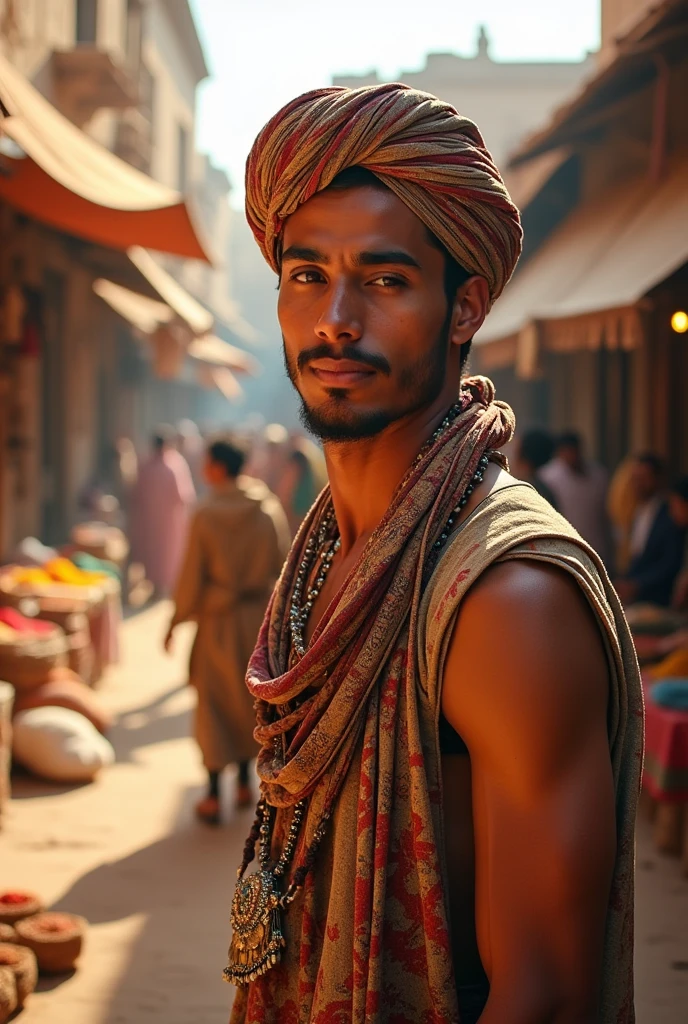 A handsome young man with a bright face from ancient times, wearing a turban. 