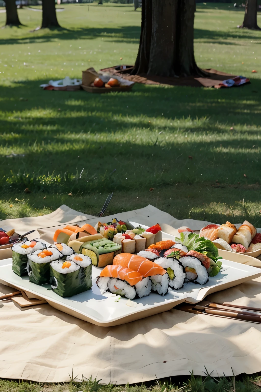 picnic in a park on the grass with a sushi platter on a beige sheet right on the ground