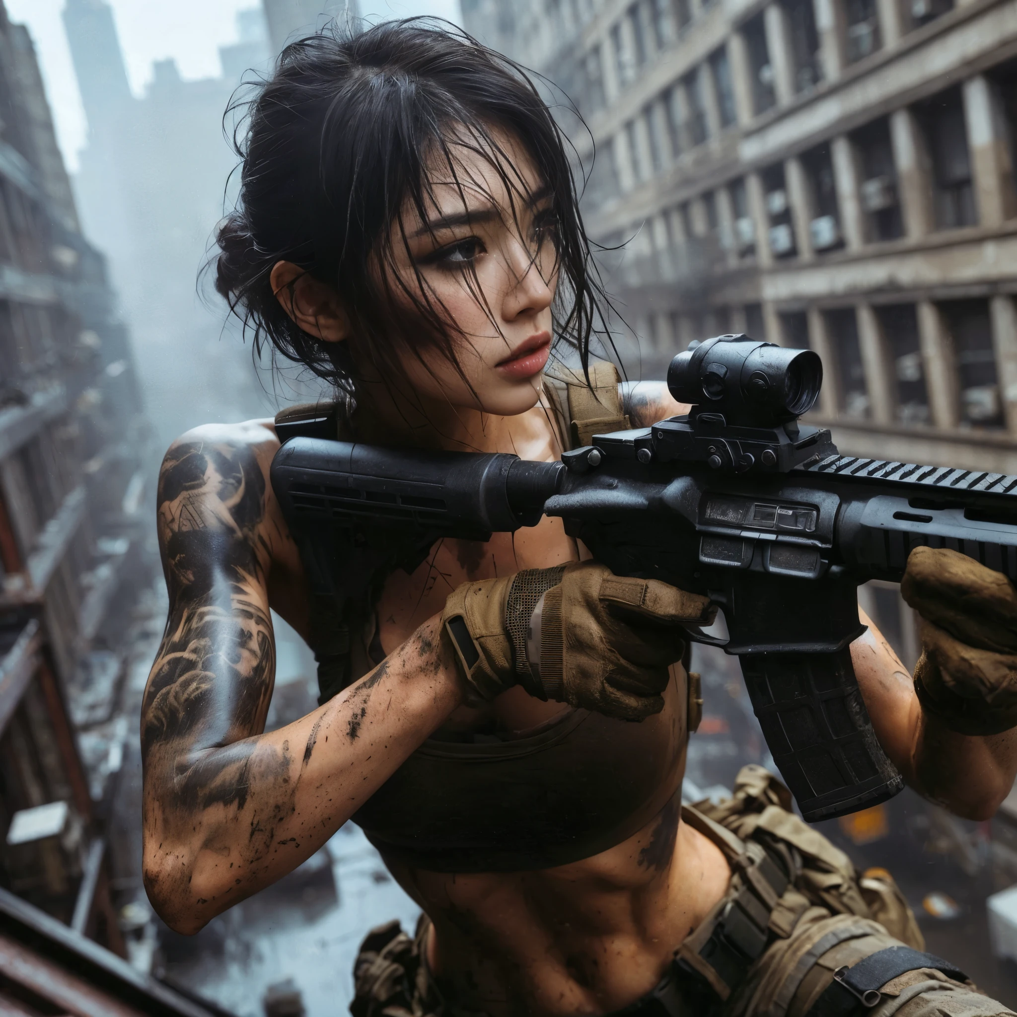 8k,Realistic Photo、Realistic Skin Texture、Superrealism、Japanese women in the U.S. military、Tattoo、Beauty、American cityscape、Jump from the roof of an old building to the roof of the next building、Automatic rifle、Heavy equipment、after the rain、Covered in scars、It is dirty、muscle、The background is out of focus、While avoiding gunfire、Desperate look、Dramatic composition、action、Fierce Battle、Ace