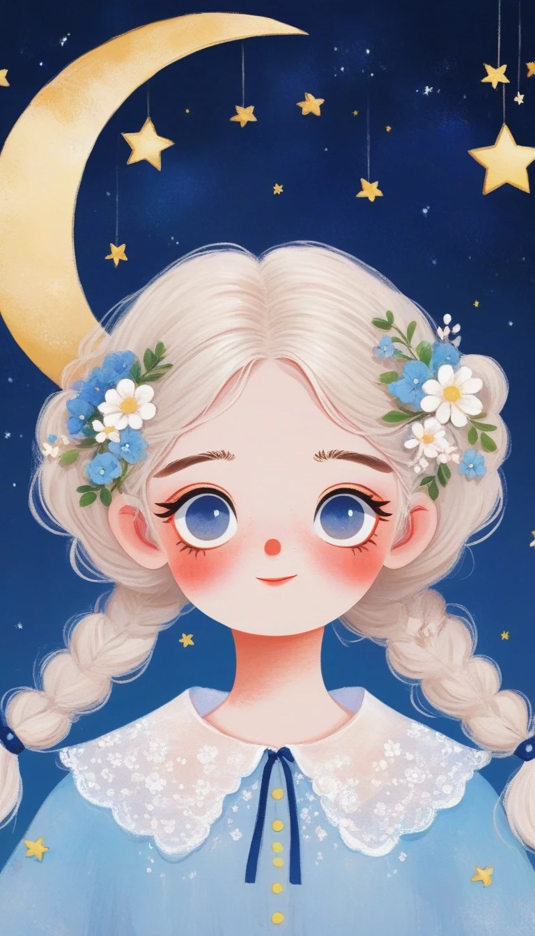 masterpiece, best quality, Cute hand painted, Picture book illustration，1 Girl, solo, White hair flowers，Shirt lace collar, blush, Hair accessories, Audience,Crescent moon and stars overhead，Large blank space at the top，Characters account for 30%%，Blue Background