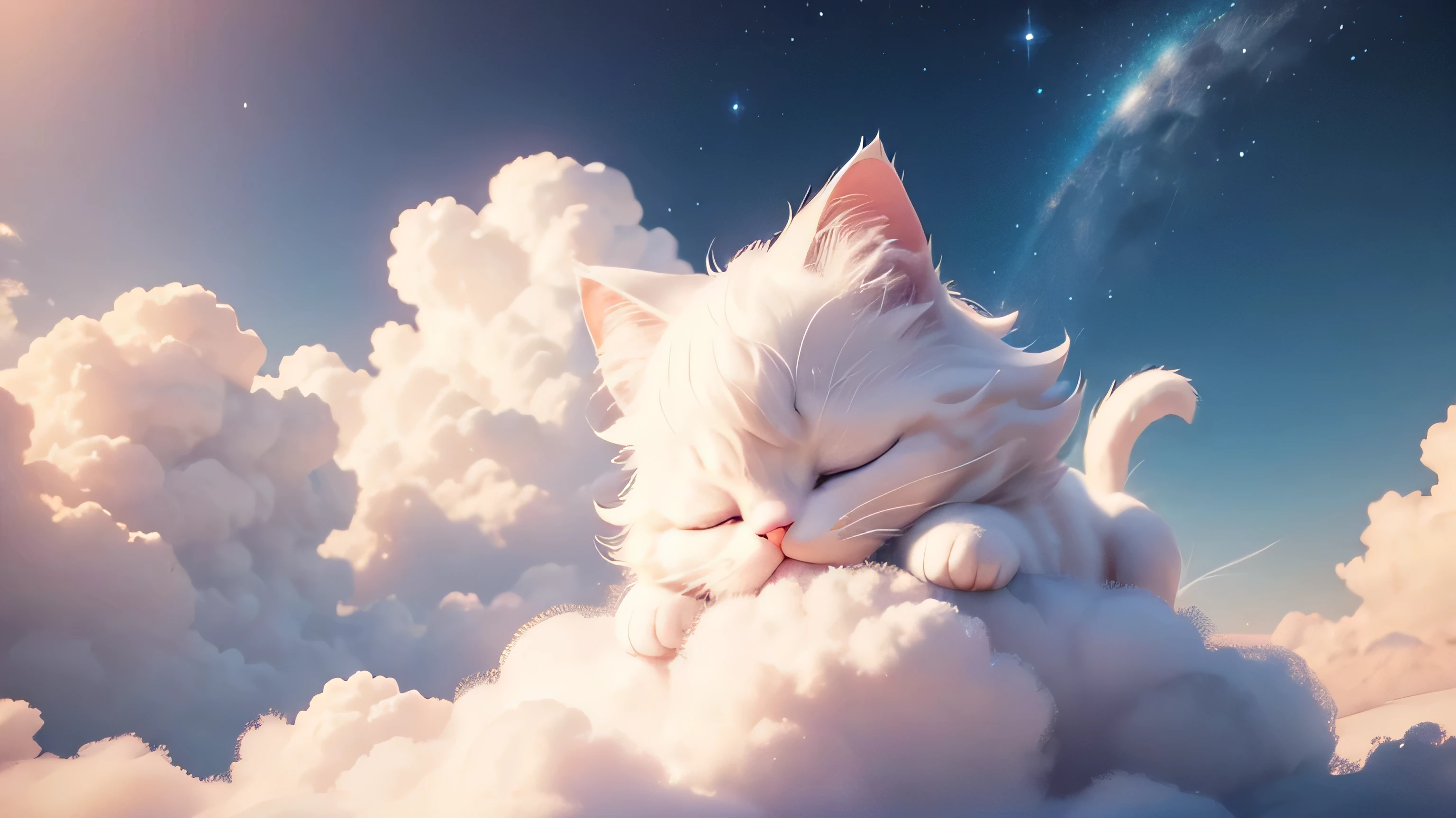 There is a white cat sleeping on a cloud in the sky.。, Adorable digital painting, Lying in the fairyland of white clouds, anime visual of a cute cat, cute 3 d render, Sweet dreams, cute digital art, cute! C4D, cute detailed digital art, dream-like scene, Sitting in a fluffy cloud, Sleeping cat, dream-like, Pixar
