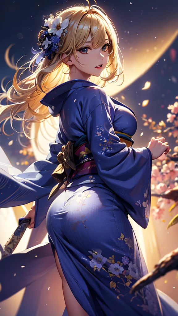 masterpiece, high quality, 4K, Beautiful design, silhouette，blonde， 非常に詳細な夜のStarry Sky,Flower Field， wonderful, Finer details,  Very knowledgeable woman, Highly detailed solo, 1 female,Big Breasts，Big Ass，Underwear Line，Yukata in white color，Night view，Starry Sky，full moon，