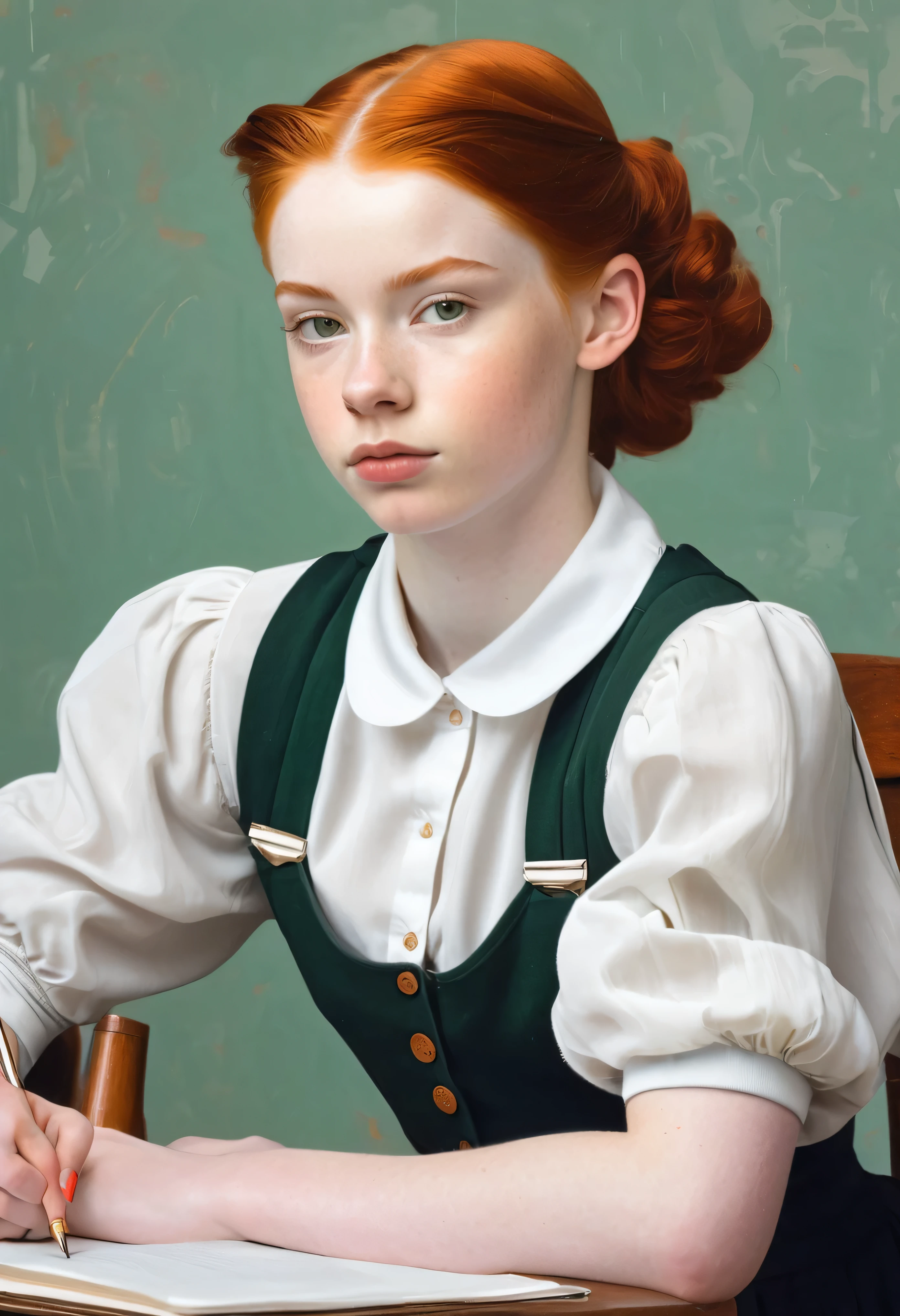 sfw pale skin muscular redhead  girl in class in the style of Norman Rockwell